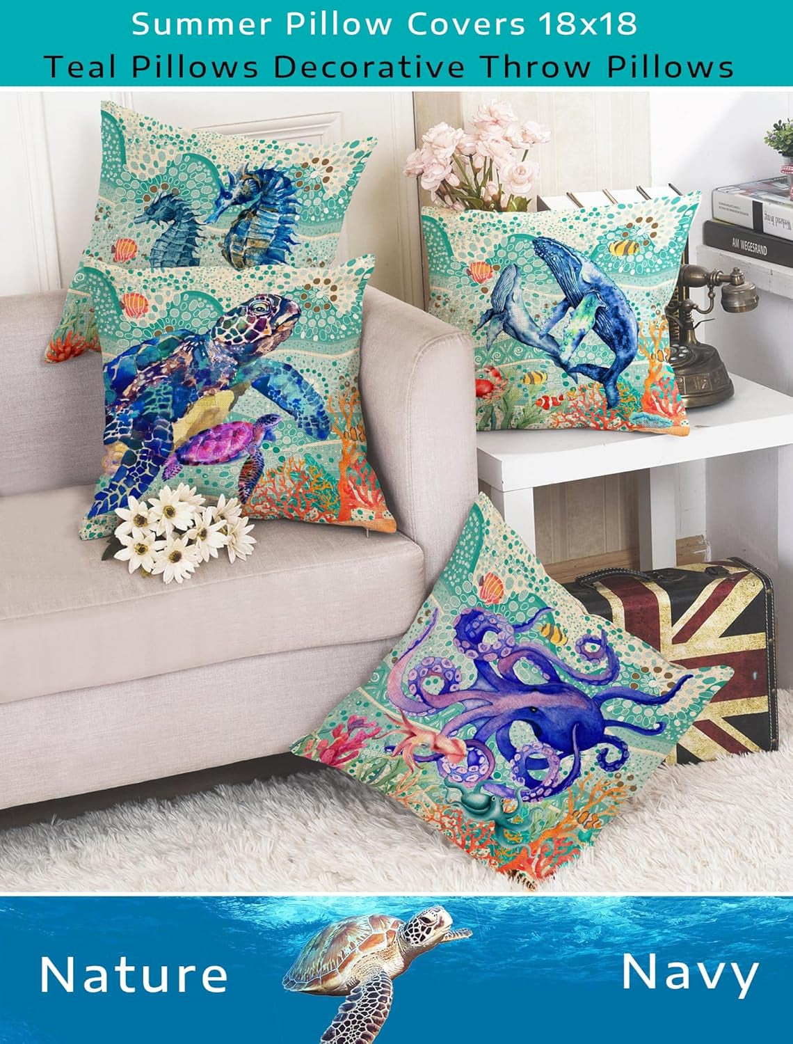 Ocean Theme Nautical Decorative Pillow Covers, Sea Turtle Octopus Seahorse Whale Decorative Throw Pillows 18X18, Sea Beach Coastal Mediterranean Cotton Linen Pillow Cases Home Decor for Sofa
