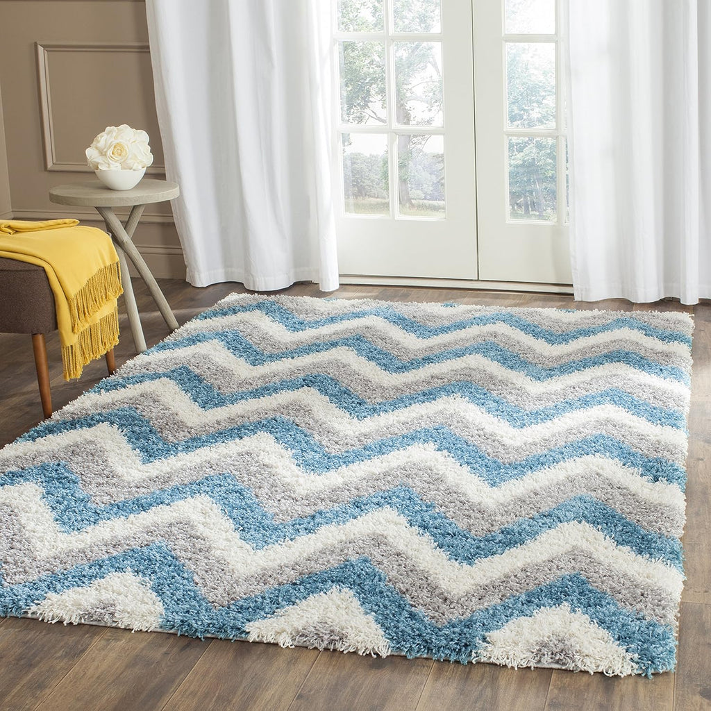Kids Shag Collection Area Rug - 5'3" X 7'6", Ivory & Blue, Chevron Design, Non-Shedding & Easy Care, 2-Inch Thick Ideal for High Traffic Areas in Living Room, Bedroom (SGK568C)
