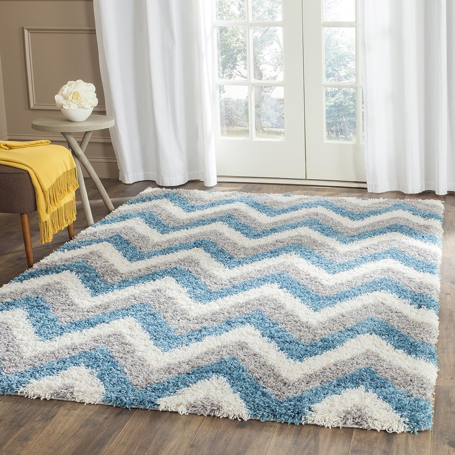 Kids Shag Collection Area Rug - 5'3" X 7'6", Ivory & Blue, Chevron Design, Non-Shedding & Easy Care, 2-Inch Thick Ideal for High Traffic Areas in Living Room, Bedroom (SGK568C)