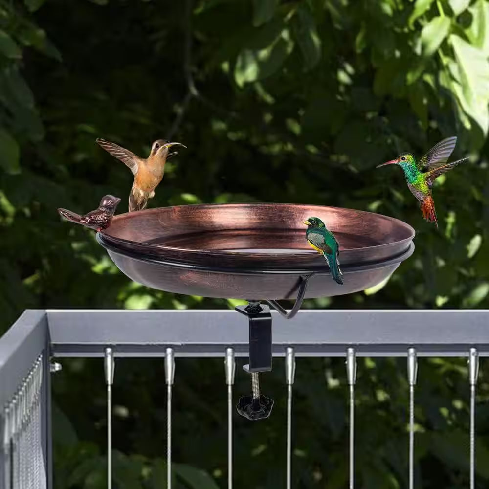 12 In. Metal Deck Mounted Bird Bath with Adjustable Sturdy Clamp for Outdoor Garden Balcony Patio Decoration