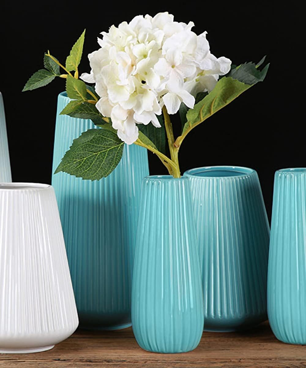 8 Inch Ceramic Flower Vase for Home Decor, Teal Vase for Artificial Flowers Bud Hydroponics Plants Ikebana Arrangement, Table Centerpieces Vase (Blue)