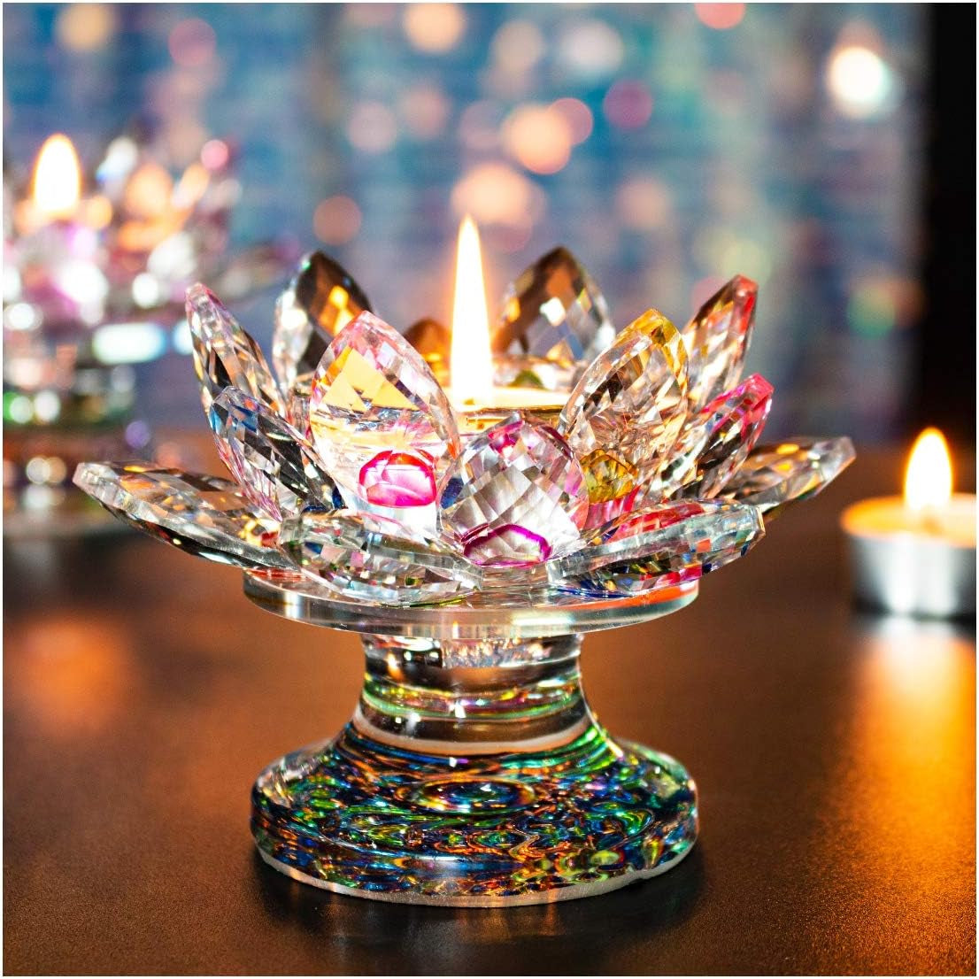Colorful Crystal Lotus Flower Candle Holder Tealight Holders (4.5Inch-Multi)