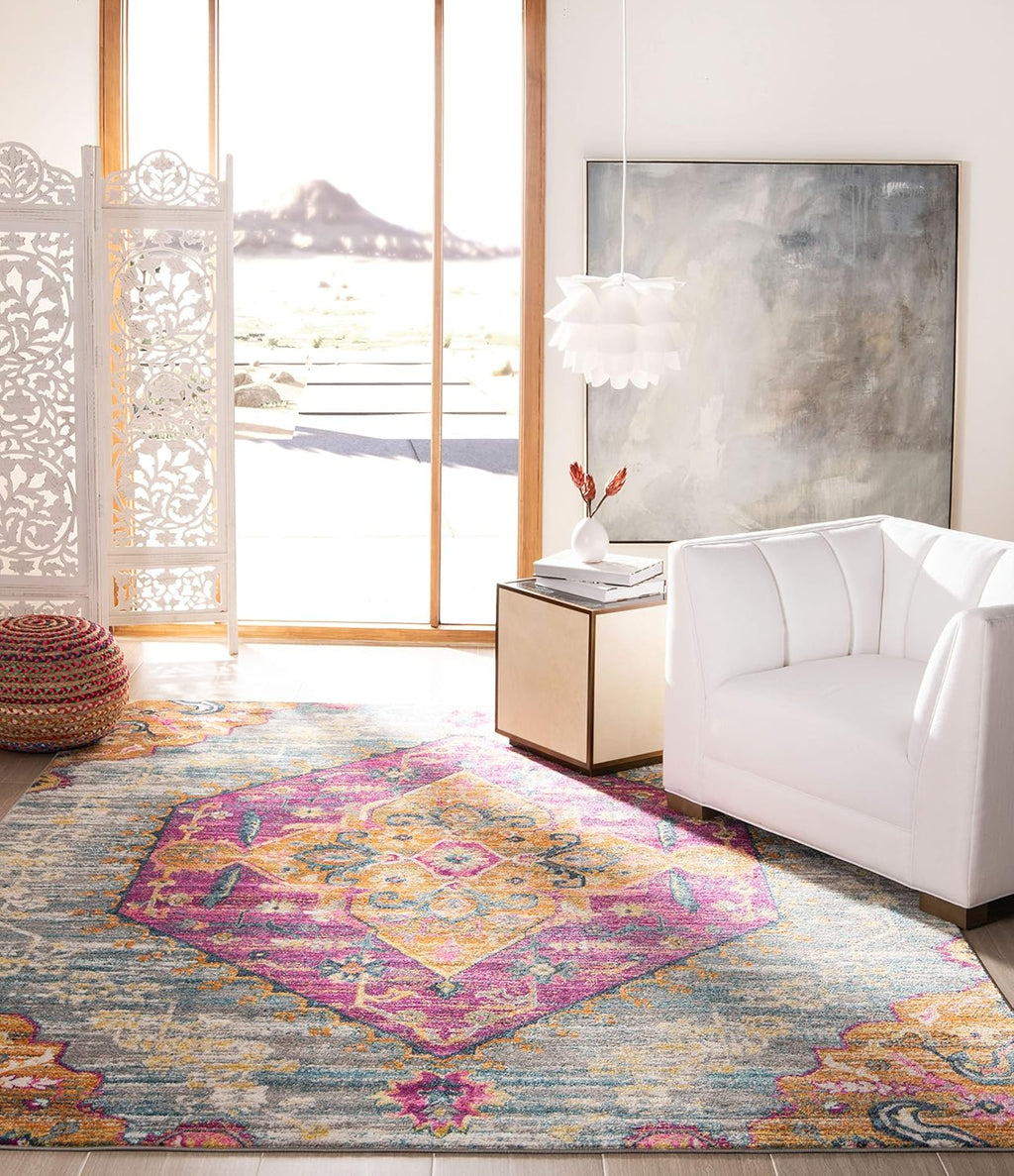Area Rug 8X10 - Madison Collection - Large - Light Grey & Fuchsia, Boho Chic Medallion Design, Non-Shedding & Easy Cleaning, Ideal for Living Room, Bedroom, Office, Dining Space (MAD119G)