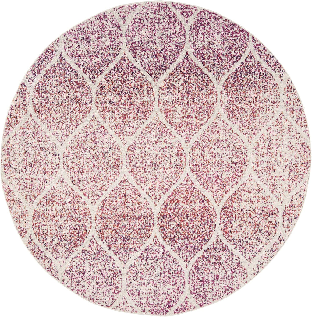 Madison Collection Area Rug - 5'3" Round, Cream & Fuchsia, Glam Ogee Trellis Distressed Design, Non-Shedding & Easy Care, Ideal for High Traffic Areas in Living Room, Bedroom (MAD604R)