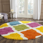 Kids Shag Collection Area Rug - 6'7" Round, Ivory & Multi, Rainbow Trellis Design, Non-Shedding & Easy Care, 2-Inch Thick Ideal for High Traffic Areas in Living Room, Bedroom (SGK562A)