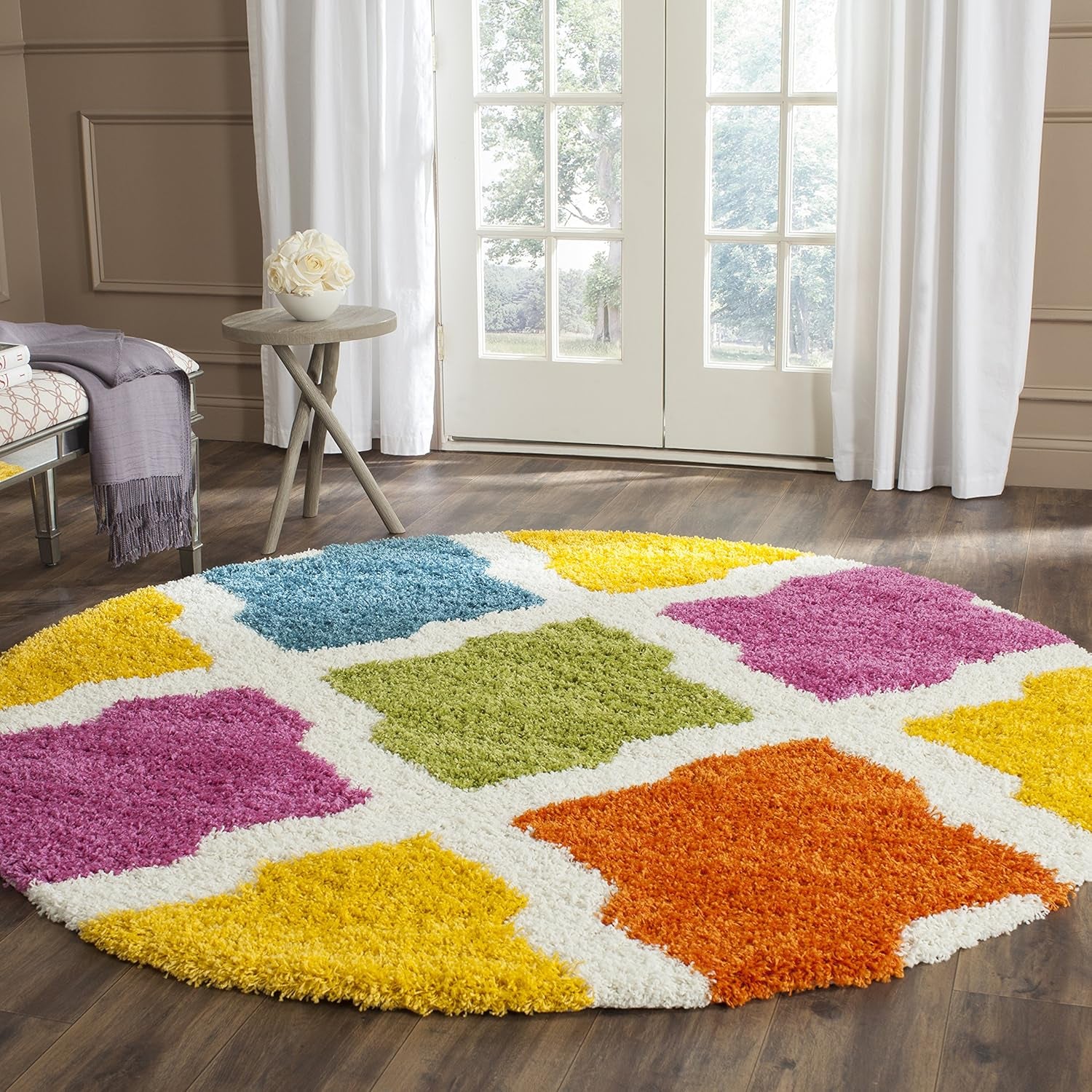 Kids Shag Collection Area Rug - 6'7" Round, Ivory & Multi, Rainbow Trellis Design, Non-Shedding & Easy Care, 2-Inch Thick Ideal for High Traffic Areas in Living Room, Bedroom (SGK562A)