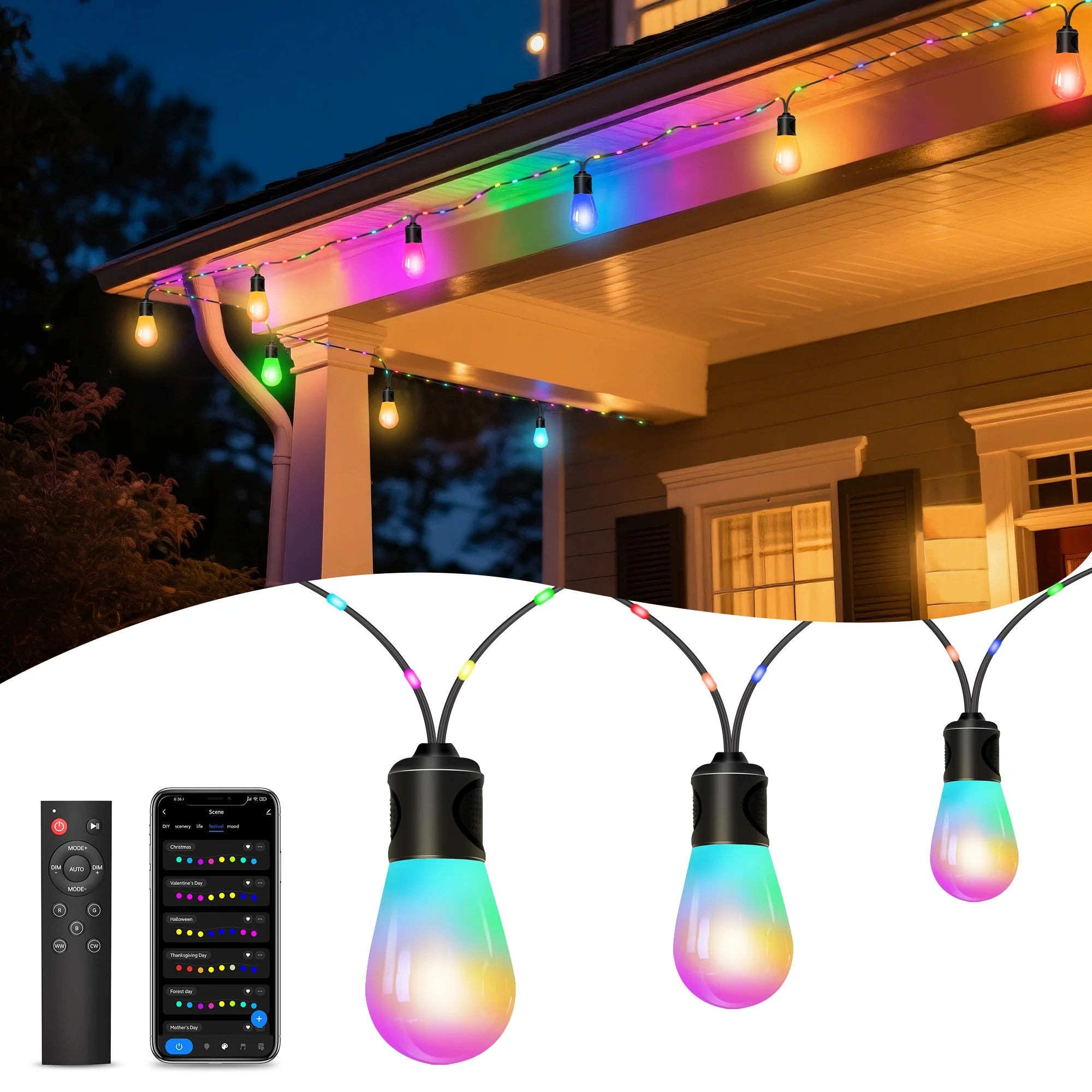 Outdoor String Lights, 45FT Smart RGBIC Patio Lights with 12 Bulbs for Christmas Halloween Decorations, Wifi Patio Lights with Remote & App Control, LED Lights for Outdoor Lighting & Backyard