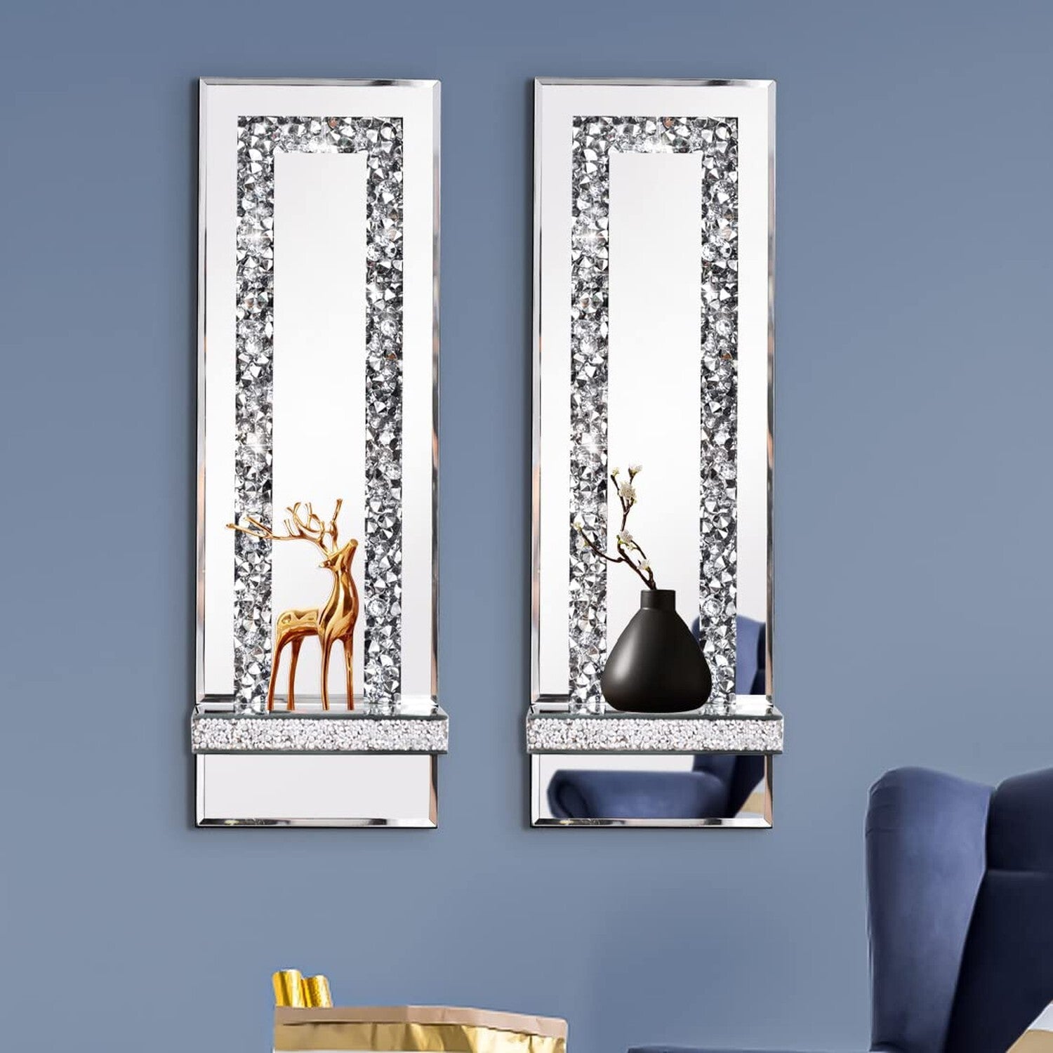 Crystal Crush Diamond Mirrored Candle Sconces, Silver Wall Candle Holder Set ...