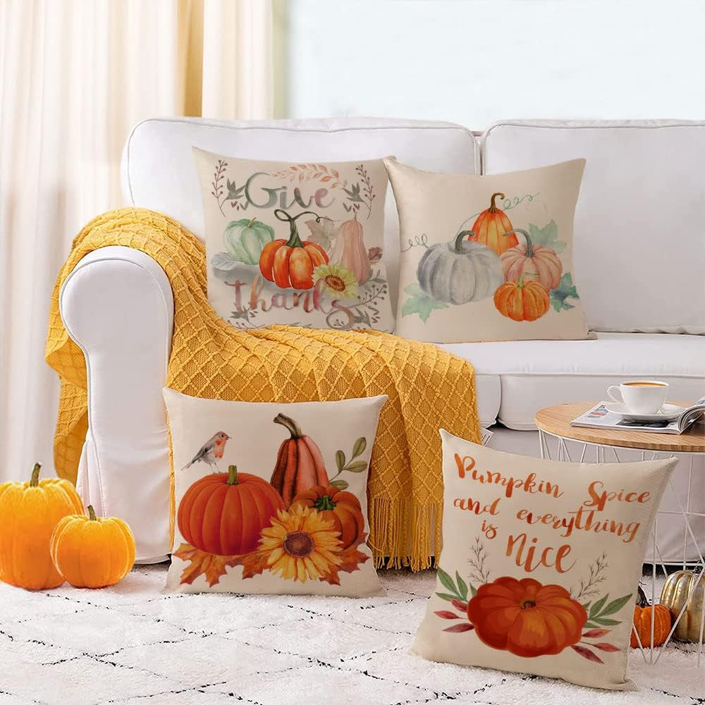 Fall Throw Pillow Covers 16X16 Set of 4 Thanksgiving Pumpkin Pillow Covers Autumn Leaves Pillow Cases Halloween Outdoor Sofa Couch Home Decorations Cushion Covers 16 Inch