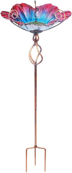 31 Inch Height Glass Birdbath Birdfeeder with Metal Stake Garden Yard Outdoor