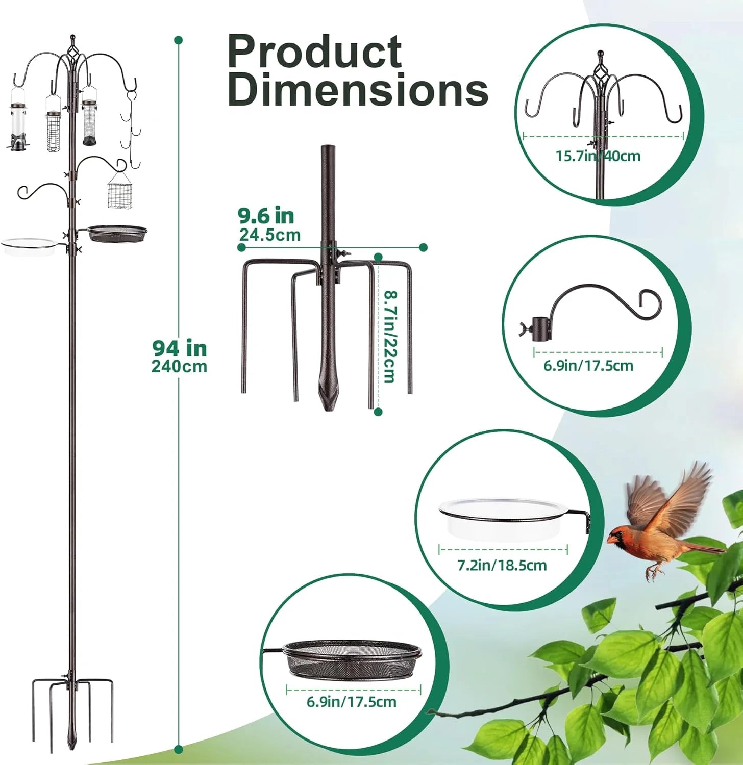 Bird Feeding Station,A Set with 6 Bird Feeders Hanging,Bird Feeder Poles Kit Premium Bird Bath for Attracting Wild Birds,Black