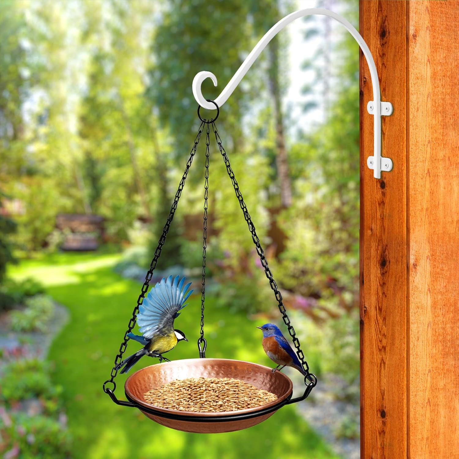 Pure Copper Hand Hammered Hanging Bird Bath and Feeder W/ Iron Chain, 17-Inch Detachable Iron Chain Outdoor Birdbath and Birdfeeder for Garden Backyard Patio & Deck, Bird Water Feeder