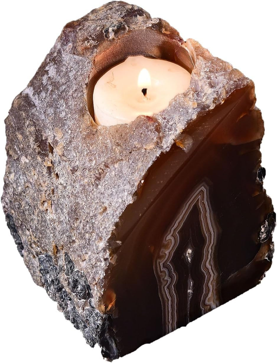 Agate Candle Holder Multi-Functional Décor 1-1.5Lb Pillar Candles & Makeup Brush Storage | Irregular Half-Cut Design | Meditation Desk Accent | Spiritual Starter Gift