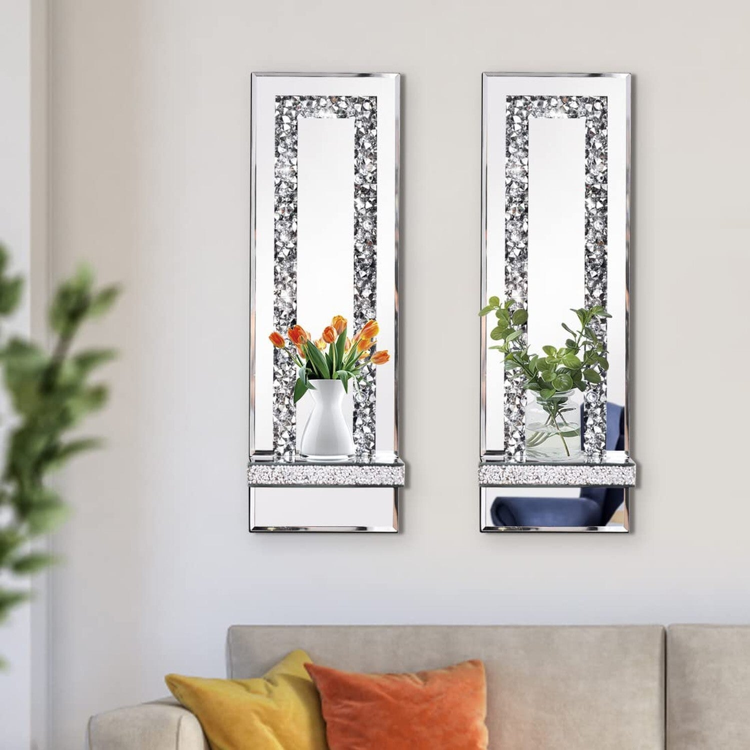 Crystal Crush Diamond Mirrored Candle Sconces, Silver Wall Candle Holder Set ...