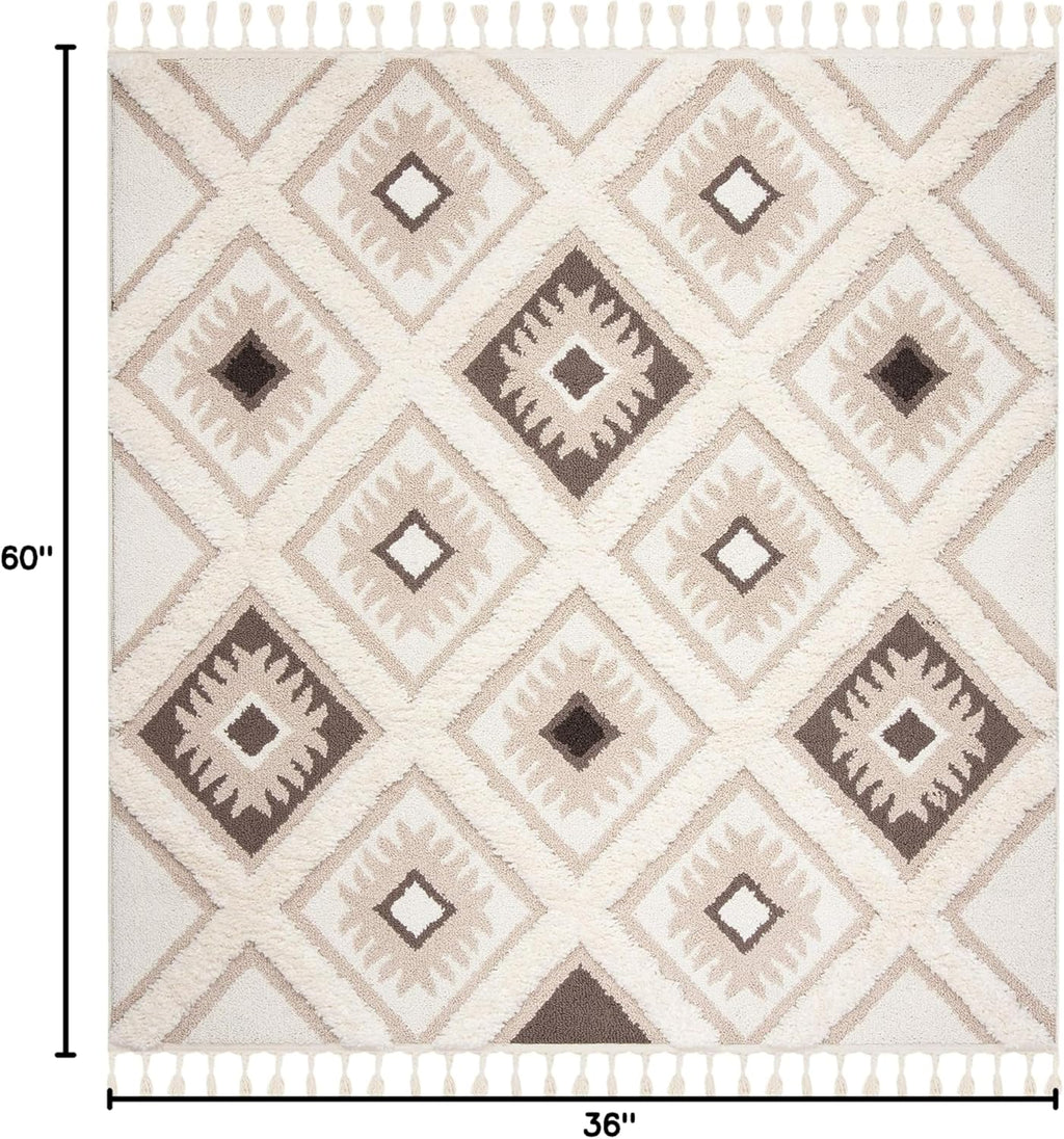 Moroccan Tassel Shag Collection Accent Rug - 3' X 5', Ivory & Brown, Boho Design, Non-Shedding & Easy Care, 2-Inch Thick Ideal for High Traffic Areas in Foyer, Living Room, Bedroom (MTS601A)