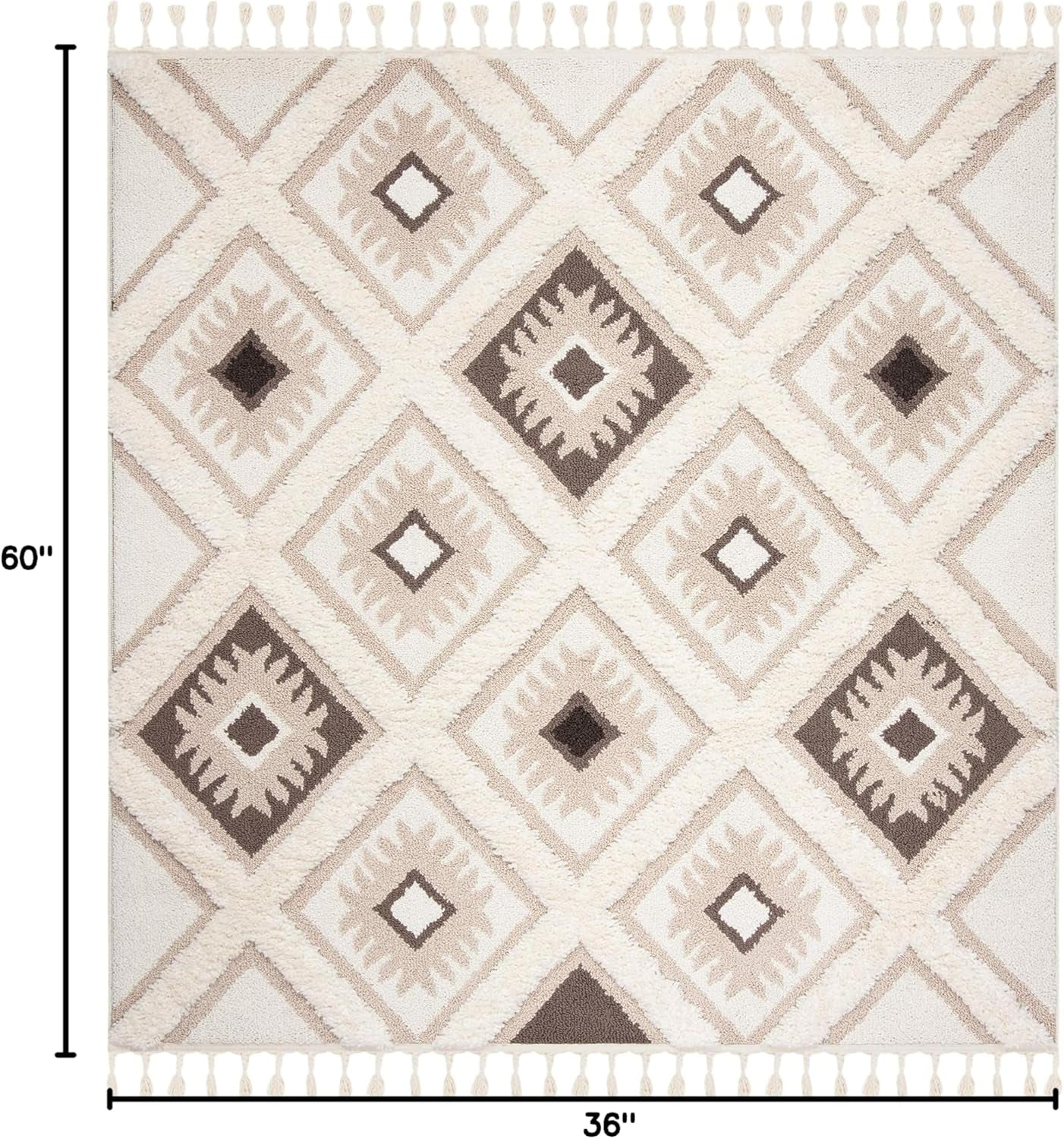 Moroccan Tassel Shag Collection Accent Rug - 3' X 5', Ivory & Brown, Boho Design, Non-Shedding & Easy Care, 2-Inch Thick Ideal for High Traffic Areas in Foyer, Living Room, Bedroom (MTS601A)