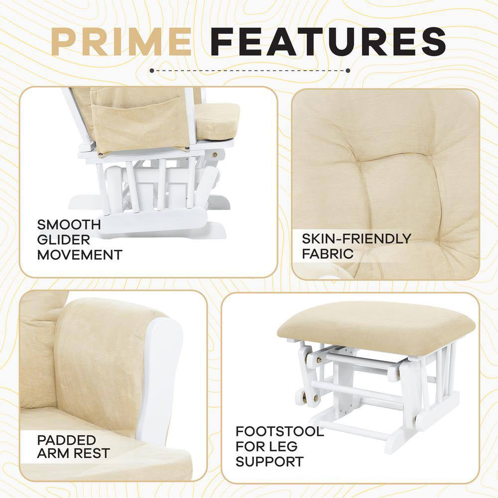 White/Cream Modern Glider Nursery Rocking Chair with Ottoman, Ideal for Breastfeeding and Reading