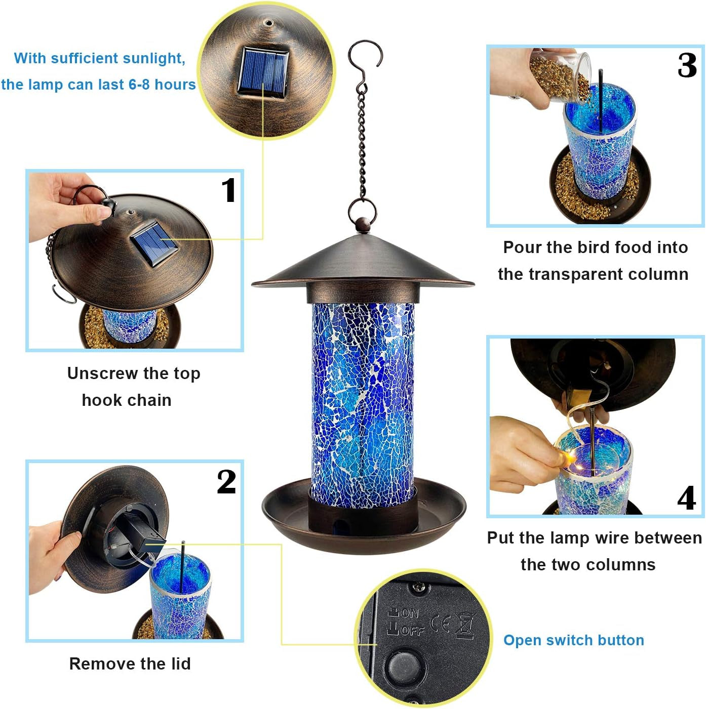 Solar Bird Feeders for Outdoors Hanging Unique Retro Hanging Bird Feeder as Garden Yard Decoration, Waterproof Bird Feeder for outside Wild Birds (Blue)