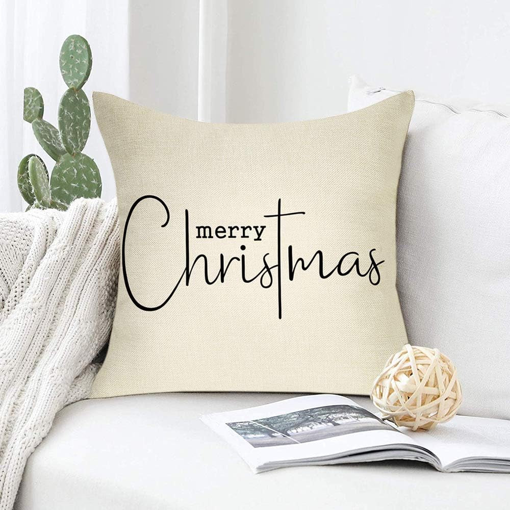 Merry Christmas Throw Pillow Cover, 18" X 18" Inch Decorative Xmas Sign Rustic Cushion Case, Farmhouse Home Winter Decoration Holiday Square Pillowcase Decor for Sofa Couch Cotton Linen