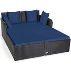 Outdoor Patio Rattan Daybed Pillows Cushioned Sofa Furniture Navy
