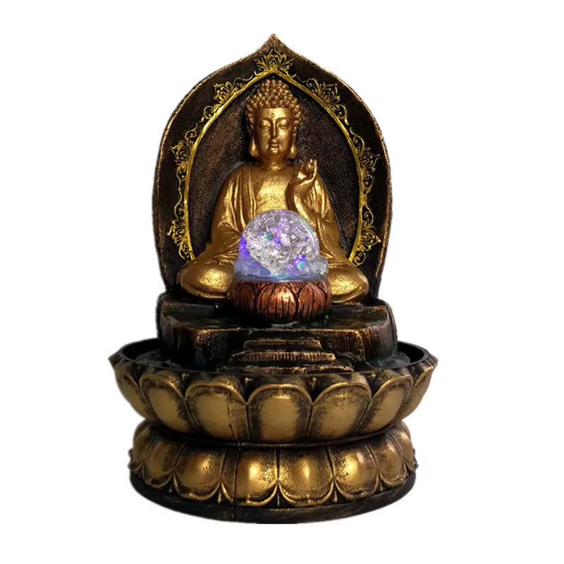 Resin Lotus Base Buddha Statue Waterscape Lucky Feng Shui Ornament Indoor Led Water Fountain Desktop Furnishings Air Humidifier