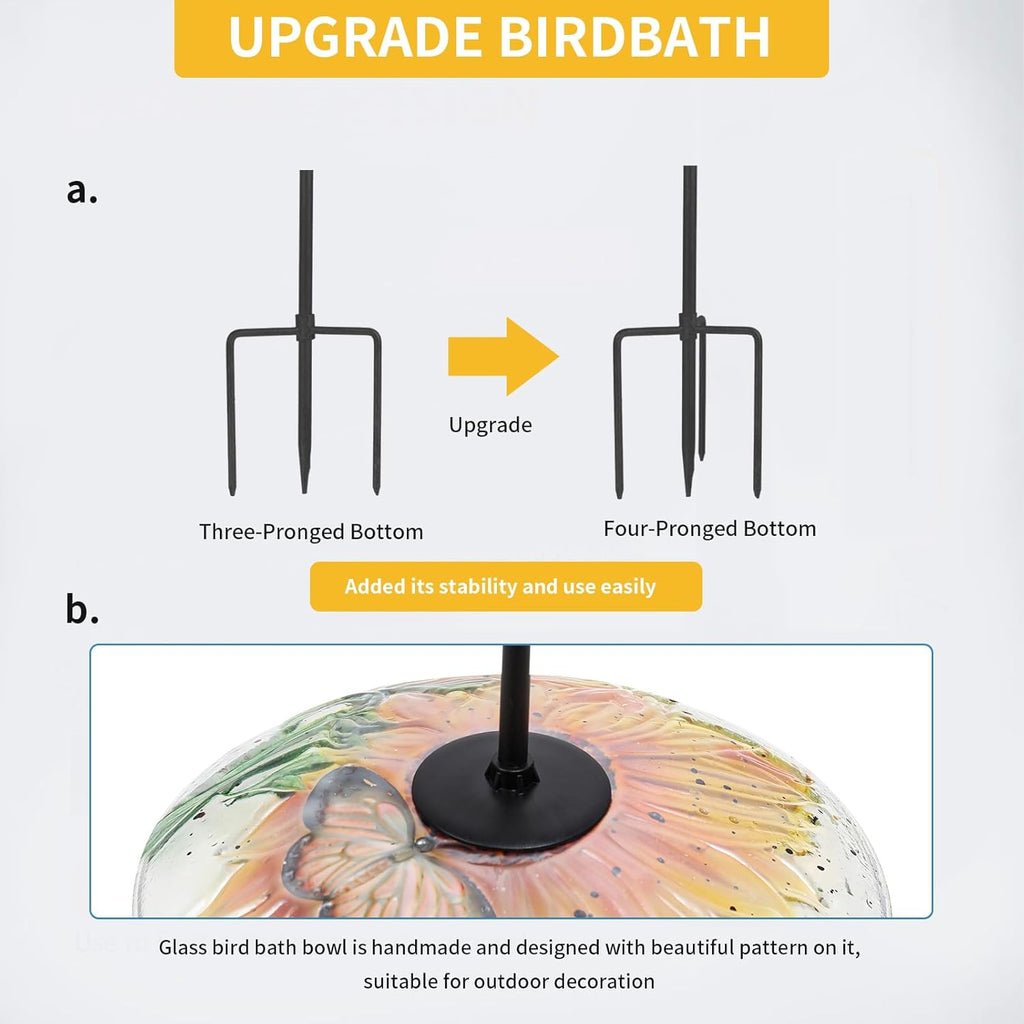 Bird Baths for Outdoors, Glass Birdbath Birdfeeder Bowl with Metal Stake for outside Garden Yard Lawn Sunflower Butterfly Decor