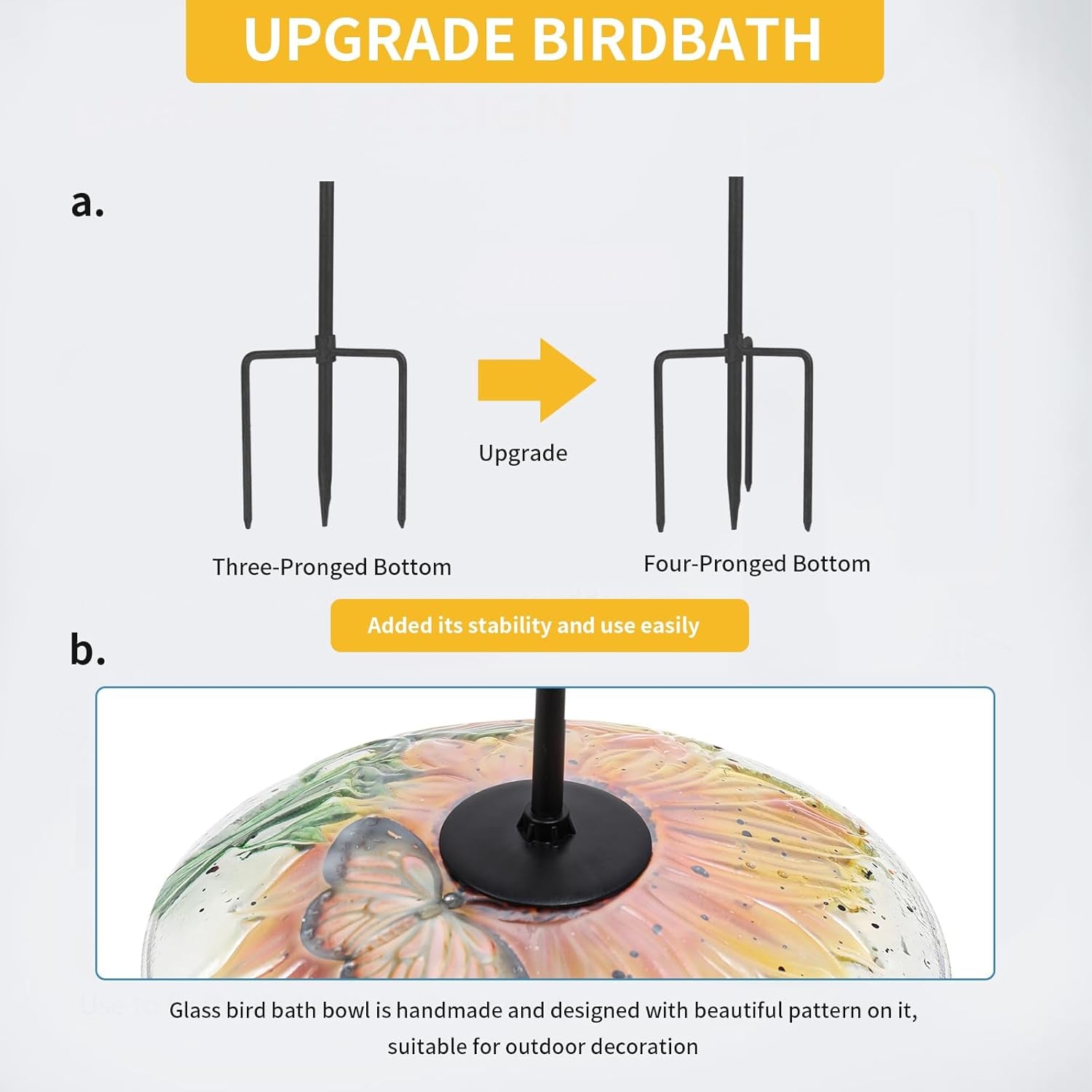 Bird Baths for Outdoors, Glass Birdbath Birdfeeder Bowl with Metal Stake for outside Garden Yard Lawn Sunflower Butterfly Decor