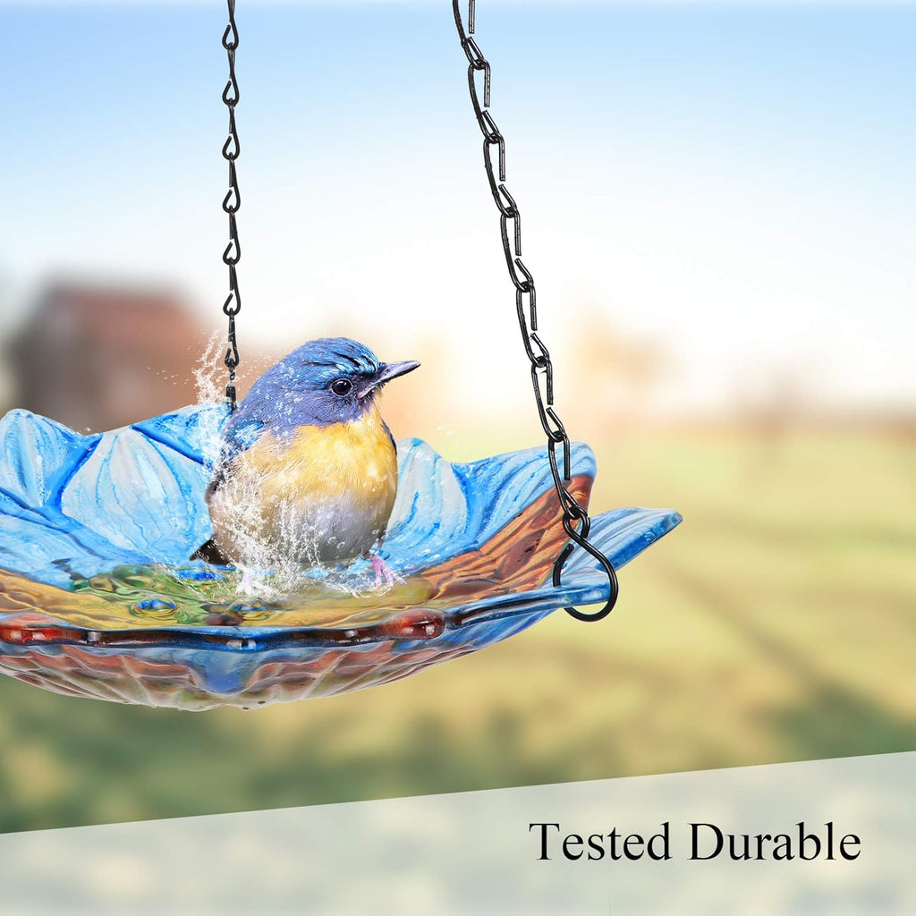 Hanging Outdoor Bird Bath - Glass Birdbath Butterfly Outdoor Bird Feeder for Garden Yard Decoration (Blue Flower Shape)
