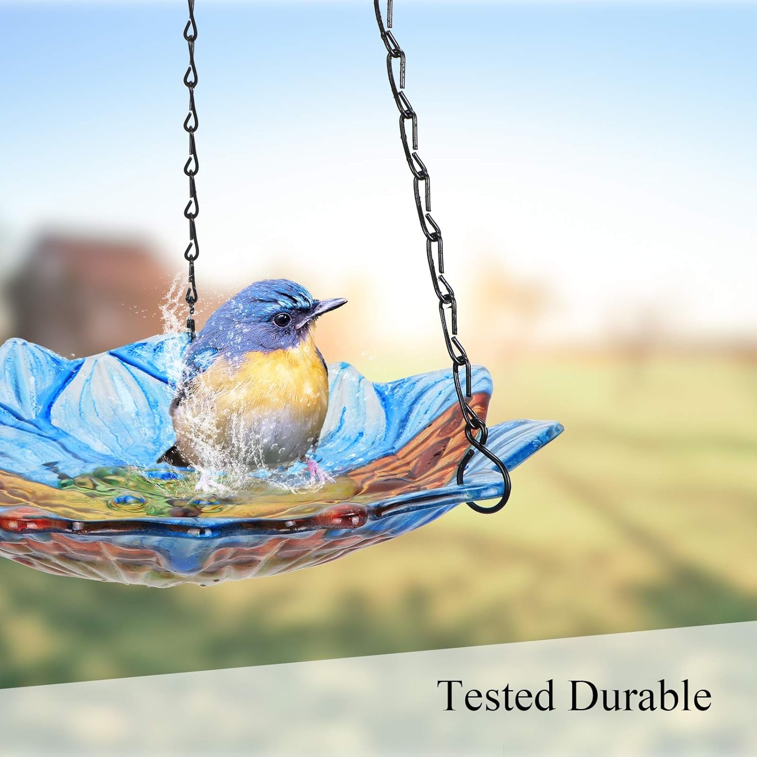 Hanging Outdoor Bird Bath - Glass Birdbath Butterfly Outdoor Bird Feeder for Garden Yard Decoration (Blue Flower Shape)