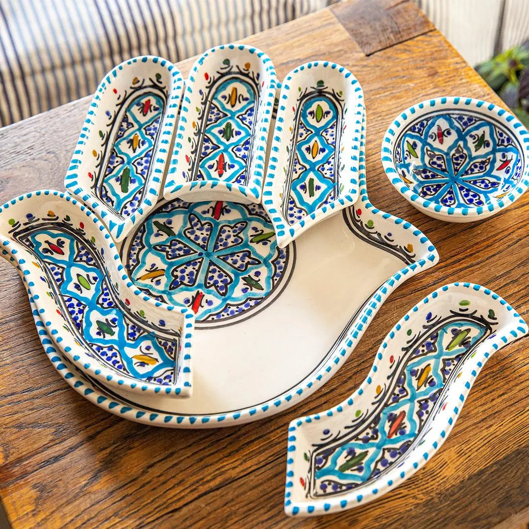 Ceramic Serving and Dipping Set - Handmade Boho Turquoise Hamsa