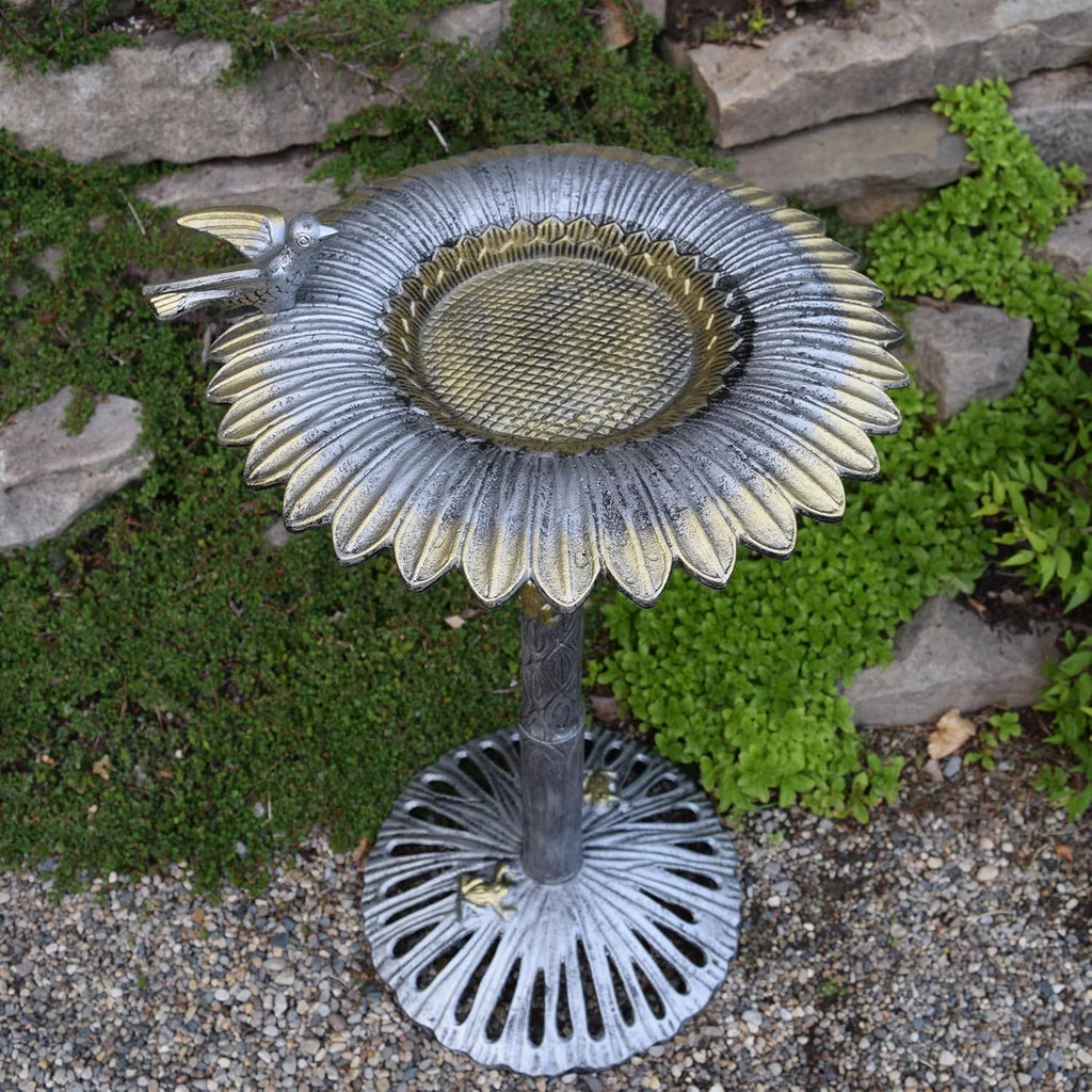 5065AP Antique Pewter Sunflower Design Aluminum Birdbath, Silver