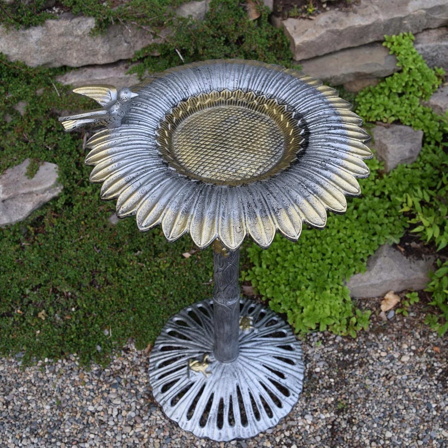 5065AP Antique Pewter Sunflower Design Aluminum Birdbath, Silver