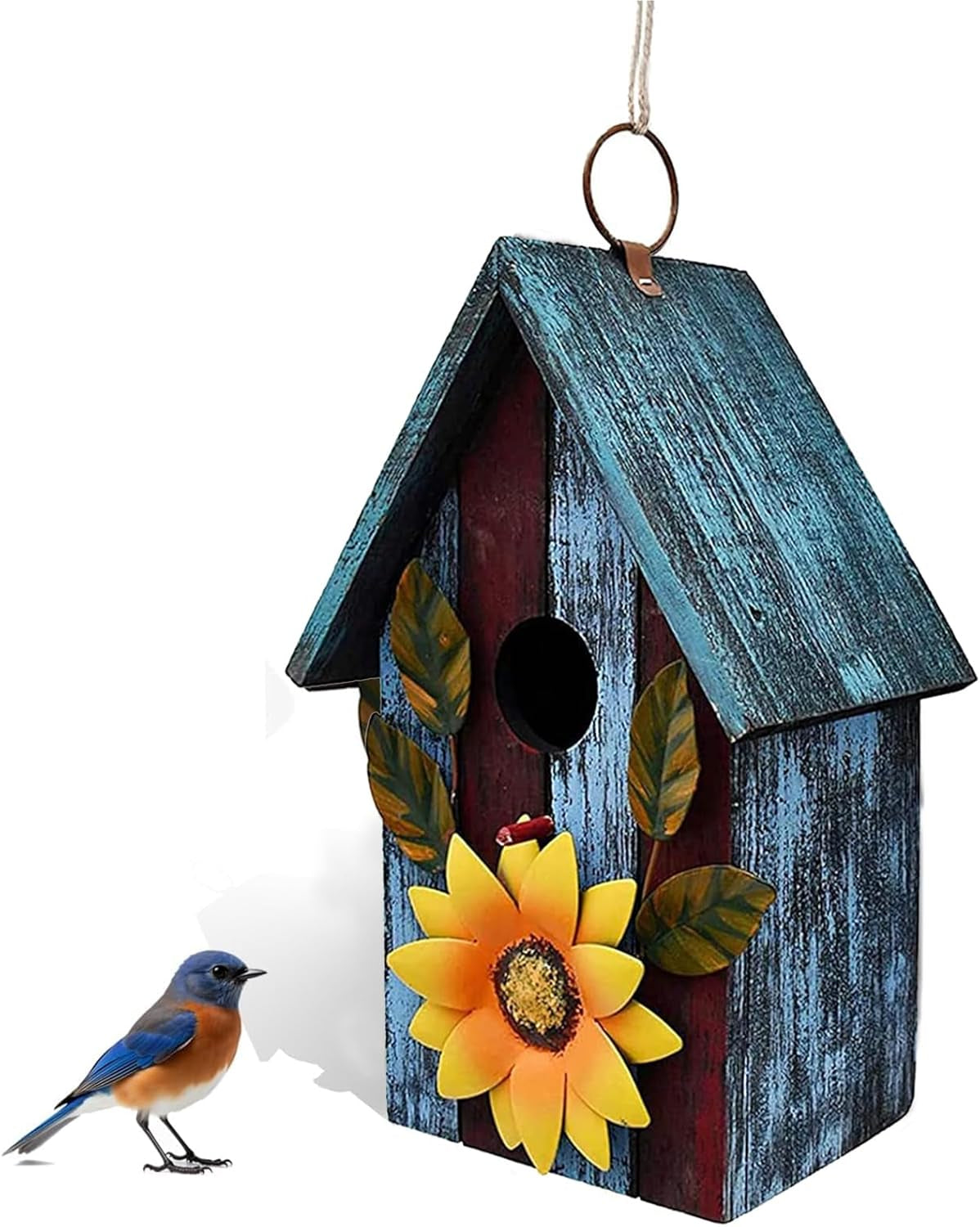 Wood Bird House for Outside, Hanging Bluebird House Nest Box Garden Patio Outdoor Decorative Bird House Vintage Rustic Wooden Birdhouse Bird Box for Finch Wren Chickadee Cardinals