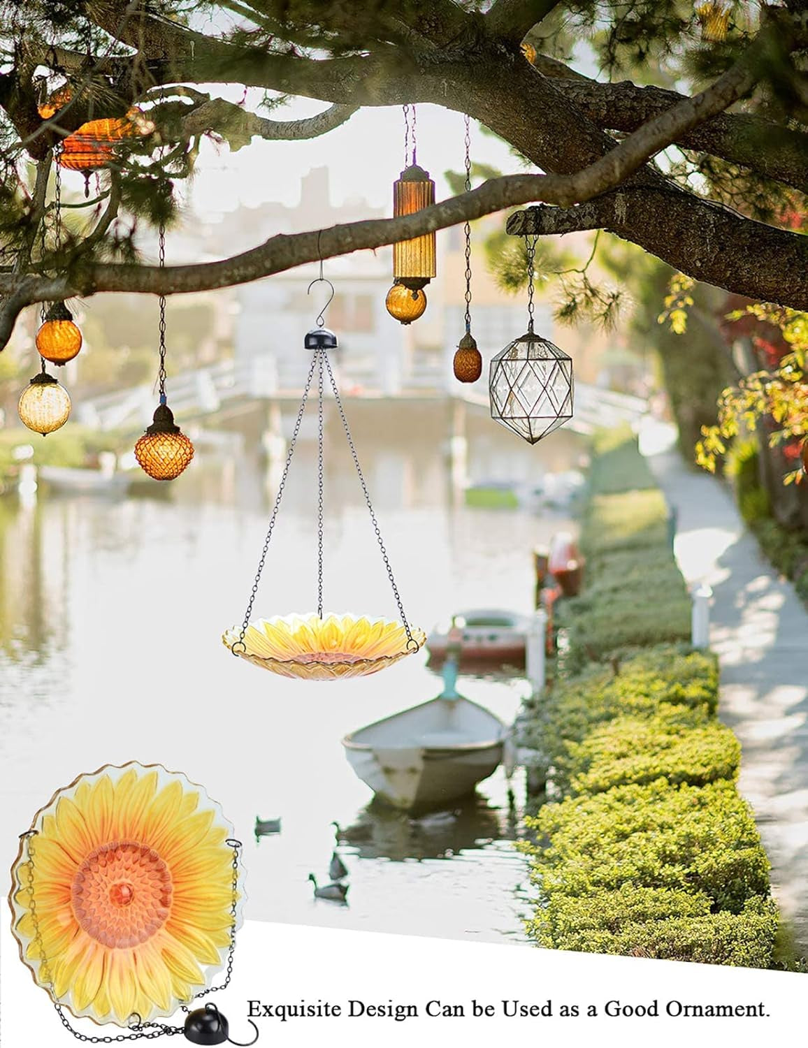 Hanging Bird Bath Outdoor, Sunflower Glass Birdbaths & Birdfeeder with Water Ripple Rim 11 Inch for Garden Yard Patio Decor