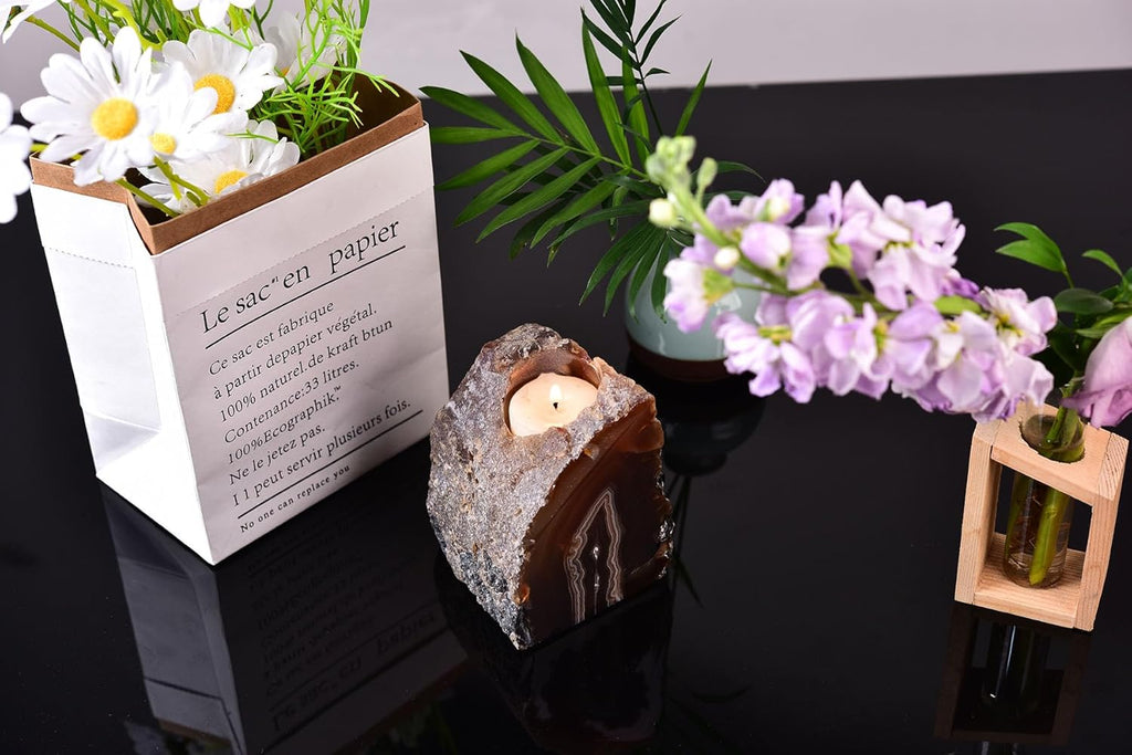 Agate Candle Holder Multi-Functional Décor 1-1.5Lb Pillar Candles & Makeup Brush Storage | Irregular Half-Cut Design | Meditation Desk Accent | Spiritual Starter Gift