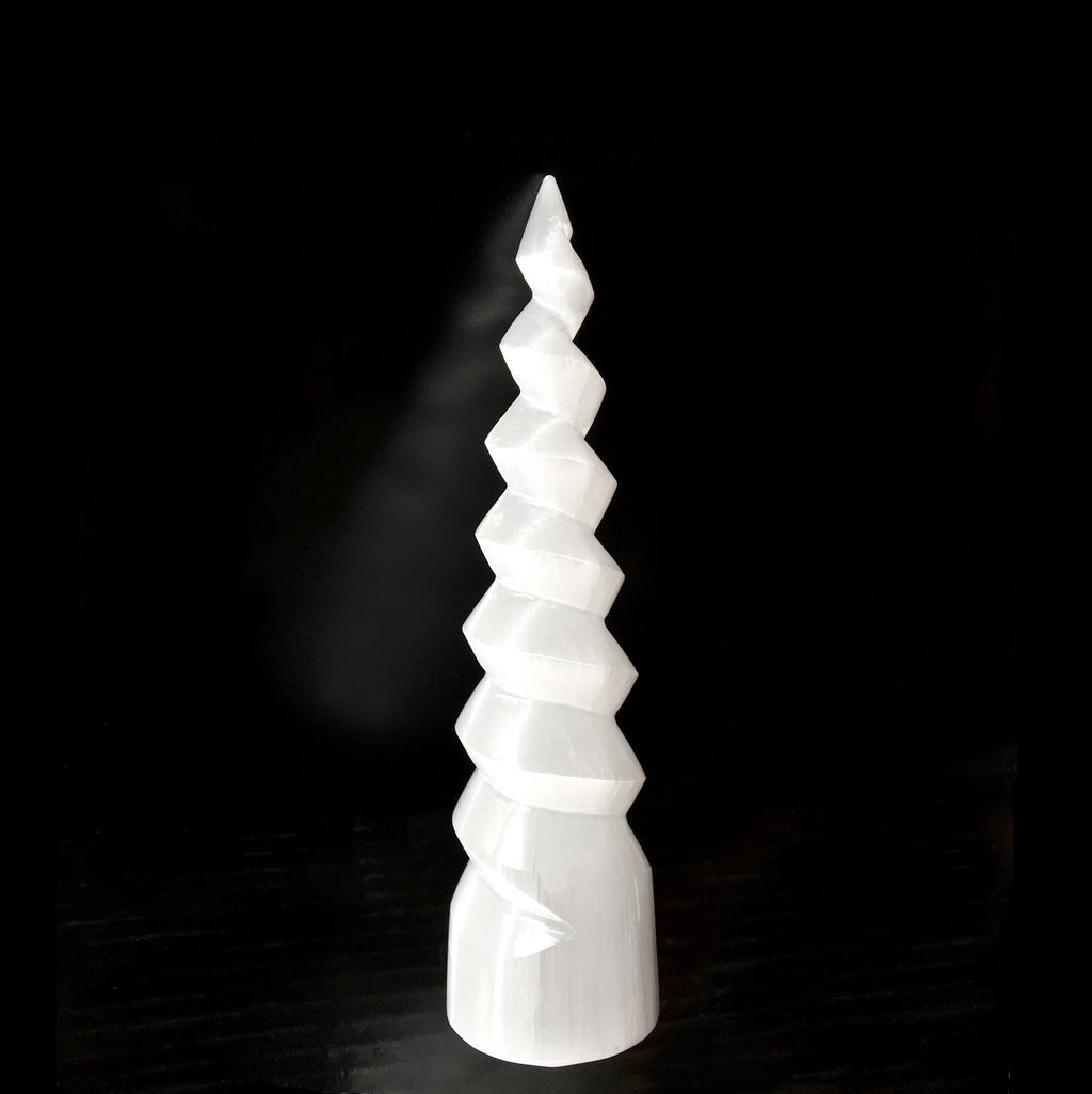 XL Selenite Tower Crystal Spiral Energy Wand 8" Point Cleanse Reiki CHARGE Heal