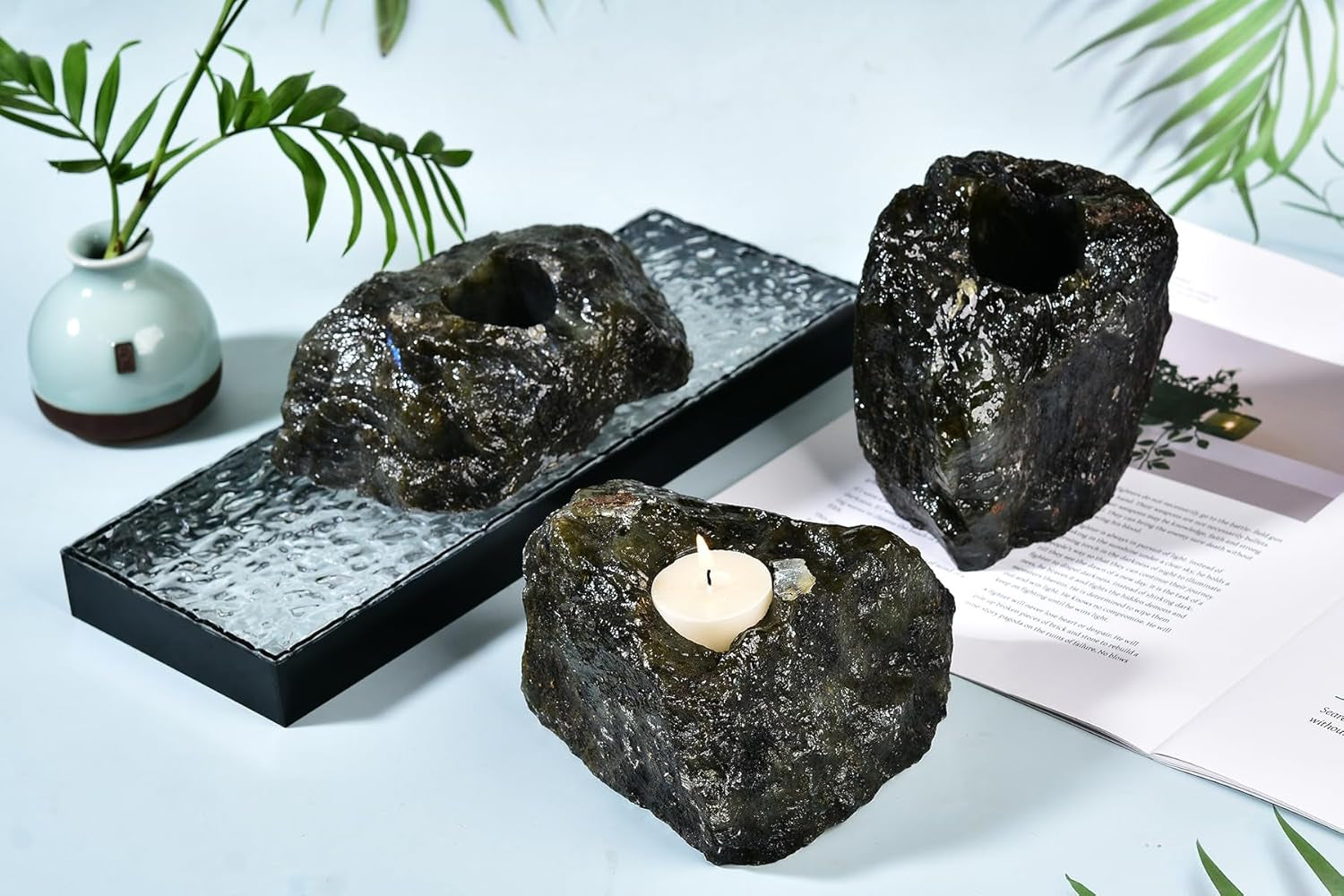 Natural Labradorite Tealight Candle Holder Healing Stone Candlestick Natural Healing Crystal Air Plant Holder 2.5-3.5 Lbs