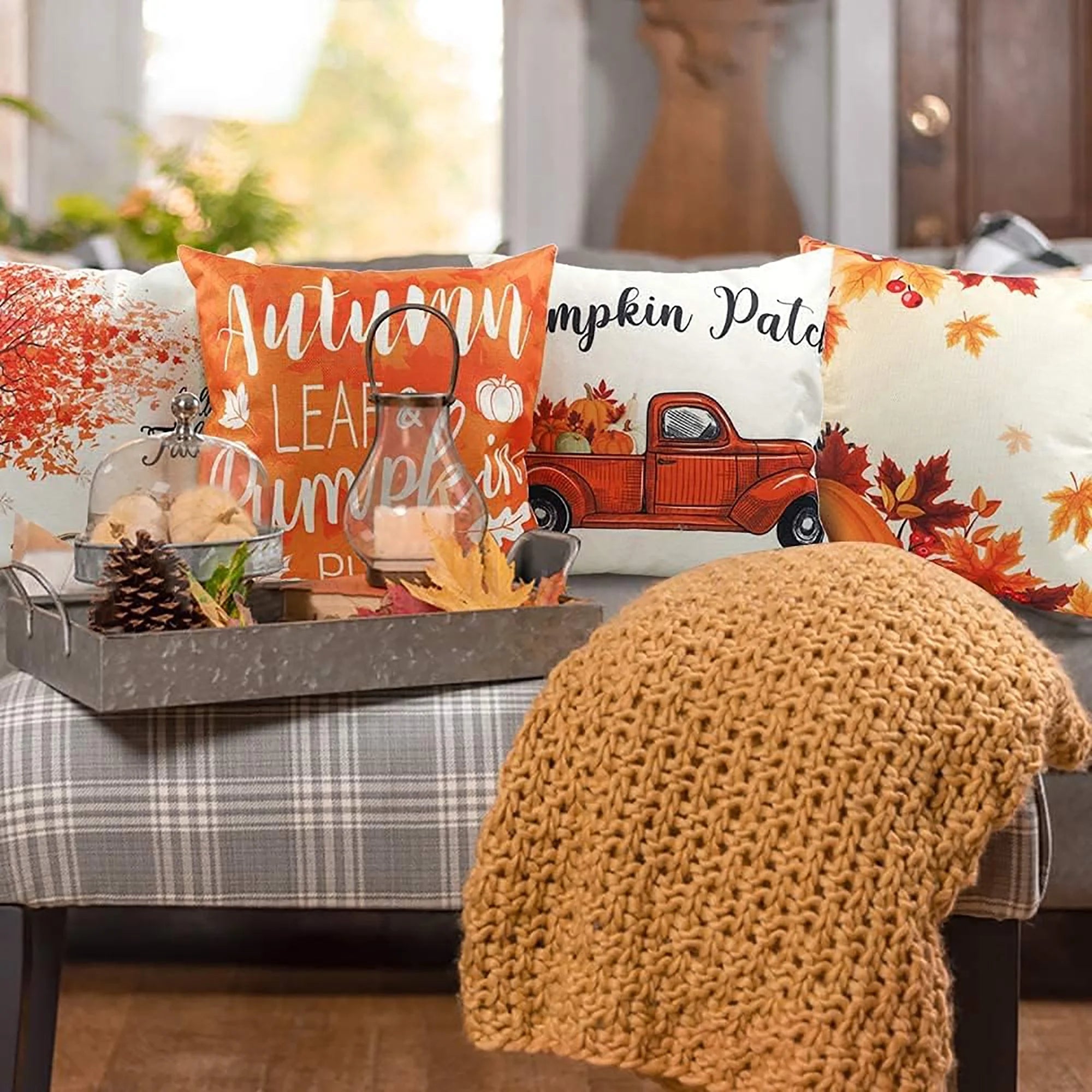Thanksgiving Decor Fall Pillows Set of 4, 18 X 18 Inch Farmhouse Decorative Pillow Covers for Autumn, Throw Cushion Case for Couch Home Decor