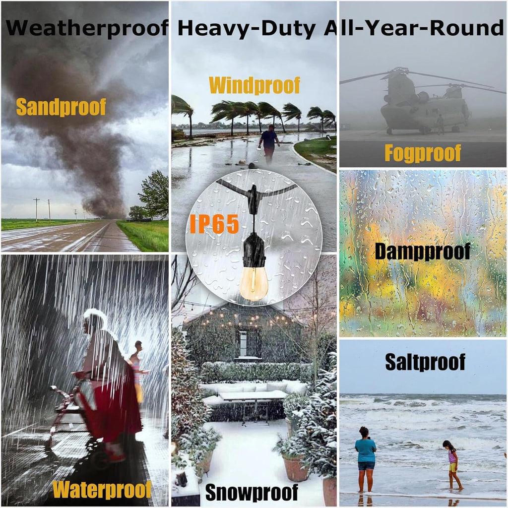 Outdoor String Light 48FT LED Heavy-Duty Patio Lights String Linkable with Shatterproof 15 LED Bulbs for outside Cafe Porch Market String Lights