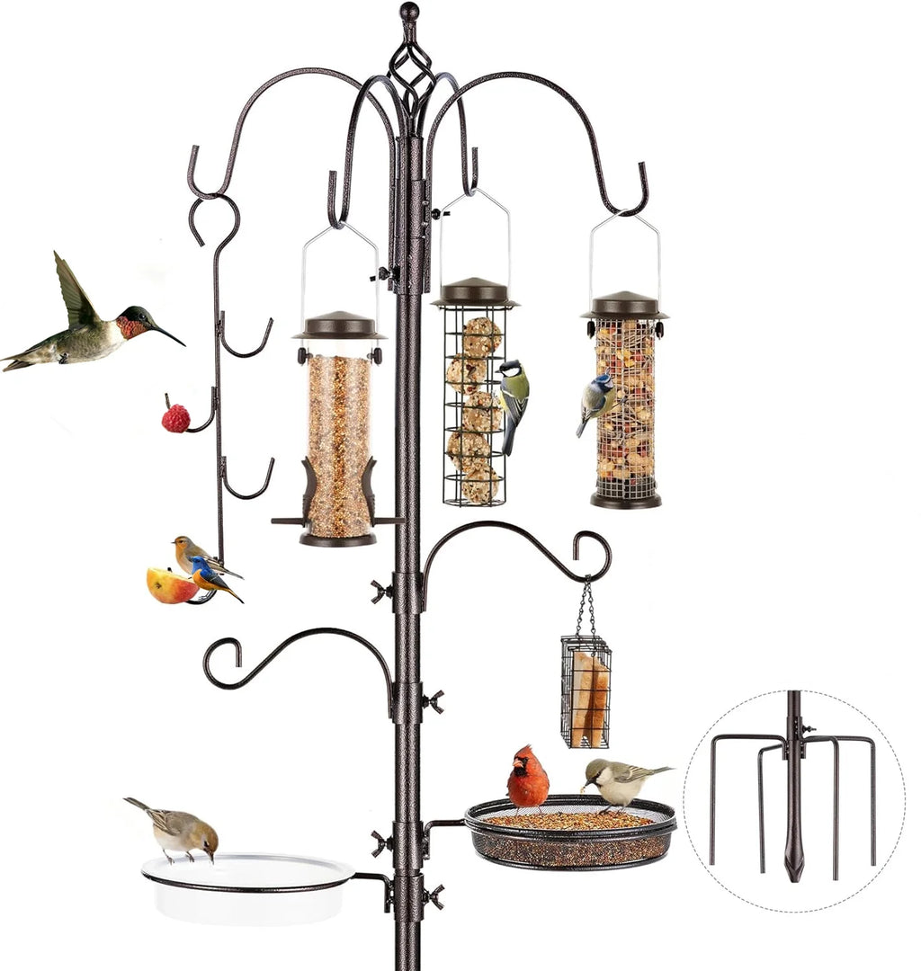 Bird Feeding Station,A Set with 6 Bird Feeders Hanging,Bird Feeder Poles Kit Premium Bird Bath for Attracting Wild Birds,Black