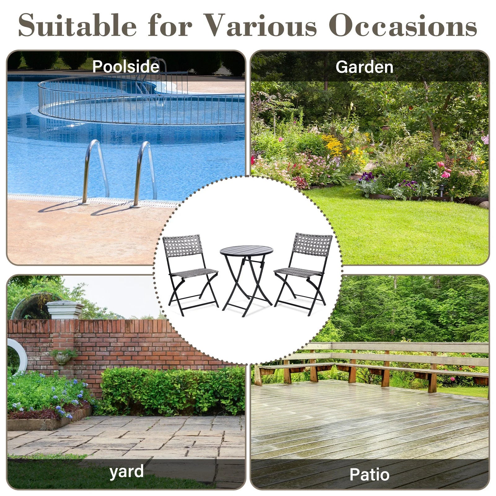 3 Piece Folding Outdoor Patio Bistro Set, Wicker Patio Furniture Sets with Table and Chairs for Garden, Backyard, Porch, Patio - Patio Conversation Set