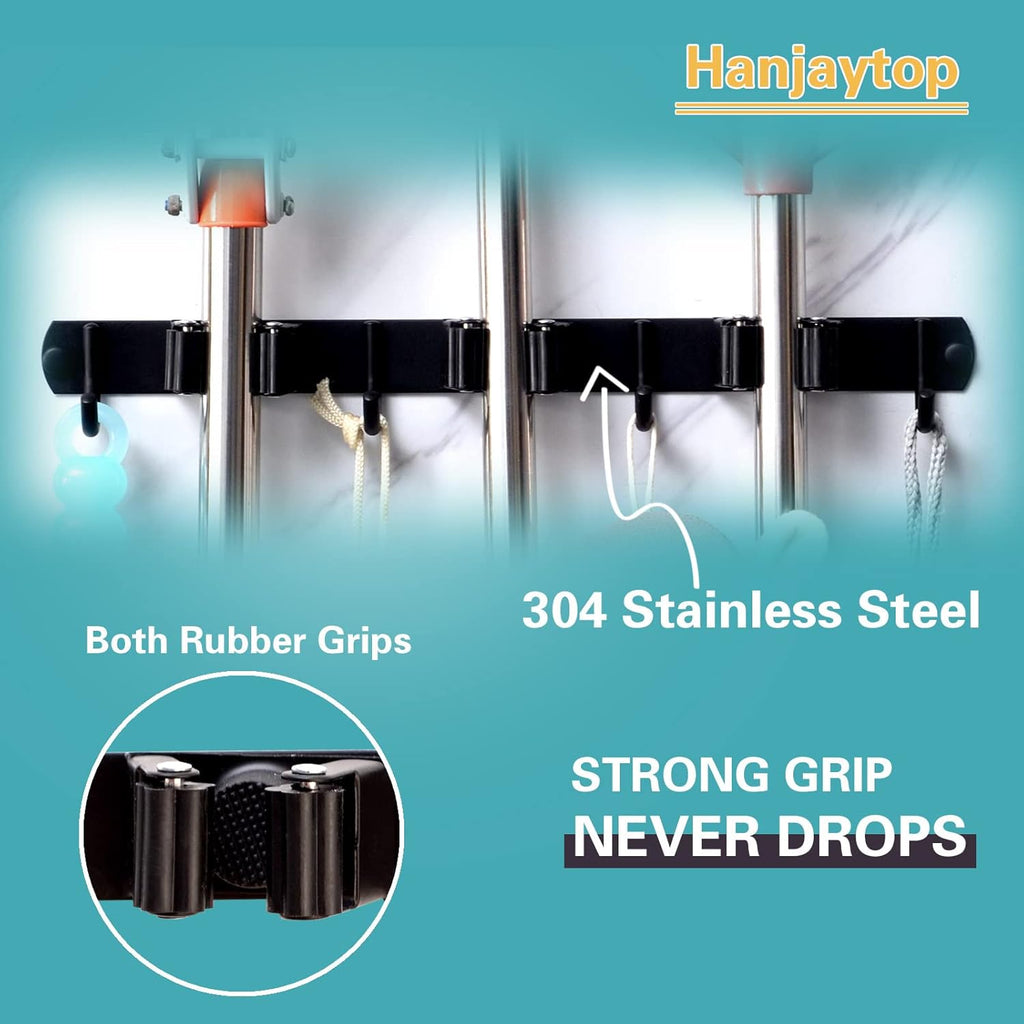 Mop and Broom Holder Wall Mount, Stainless Steel Heavy Duty Garden and Kitchen Garage Tool Organizer Wall Hanger for Home Goods (3 Racks 4 Hooks)