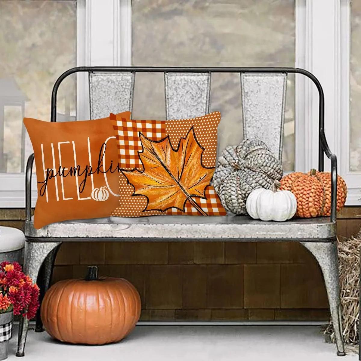 Fall Decor Pillow Covers 18X18 Set of 4 Thanksgiving Buffalo Check Farmhouse Decorations Dot Orange Pumpkin Maple Leaves Outdoor Decorative Throw Cushion Case for Home Couch