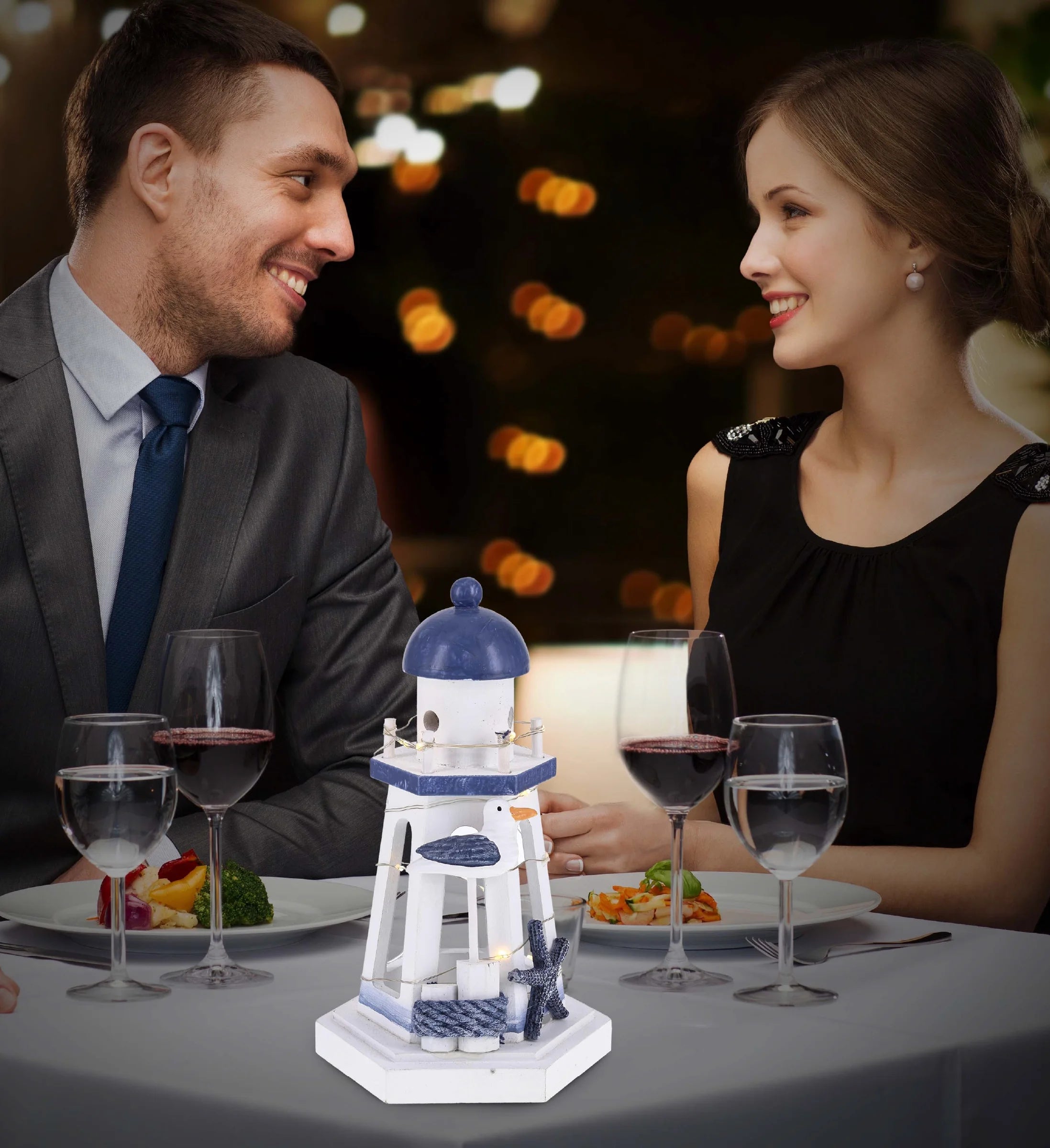 Ocean Blue Nautical Wooden Lantern Lighthouse with LED Lights - Table Top Centerpiece Coastal Decor for Home, Beach House, Rustic Decorative Lamp with Boat Anchor - Handmade Color May Vary