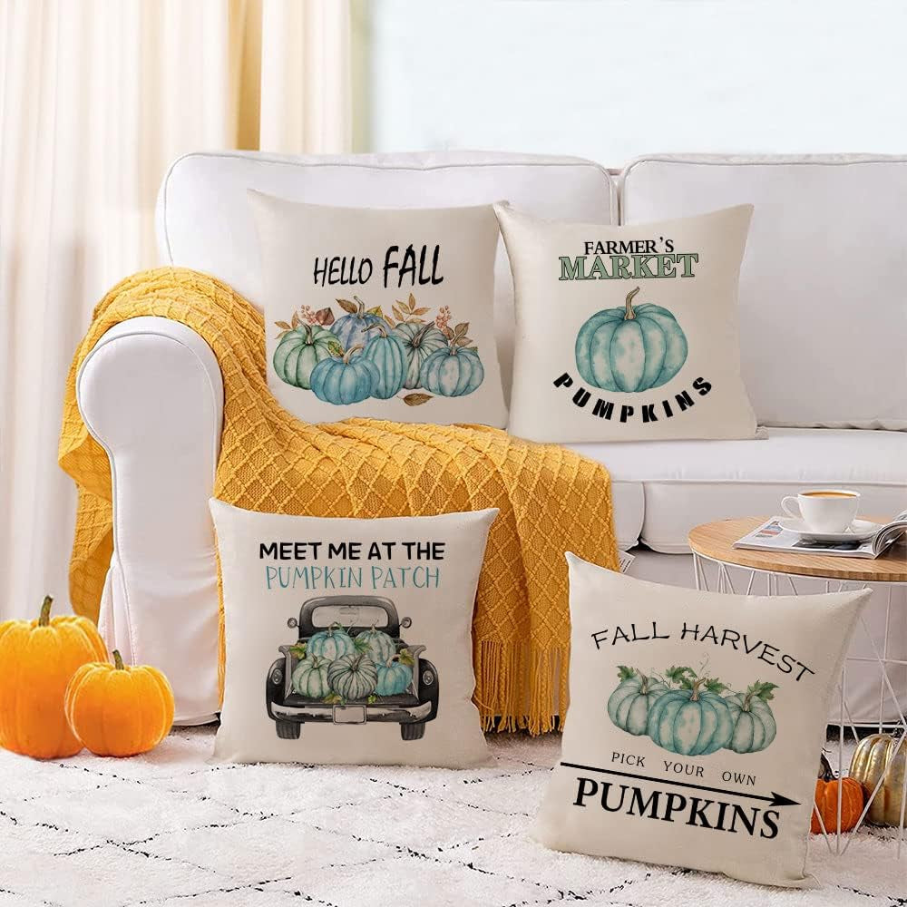 Set of 4 Fall Pillow Covers 16X16 Inch Thanksgiving Throw Pillows Covers Autumn Blue Pumpkins Decorative Cushion Covers Home Outdoor Sofa Couch Pillow Cases for Fall Decorations (16 by 16)