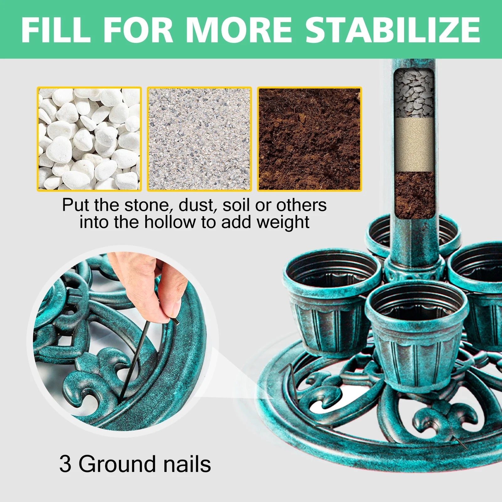 Bird Bath with 4 Planters 28" Height Pedestal Antique Outdoor Garden Decor Vintage Yard Art (Green)