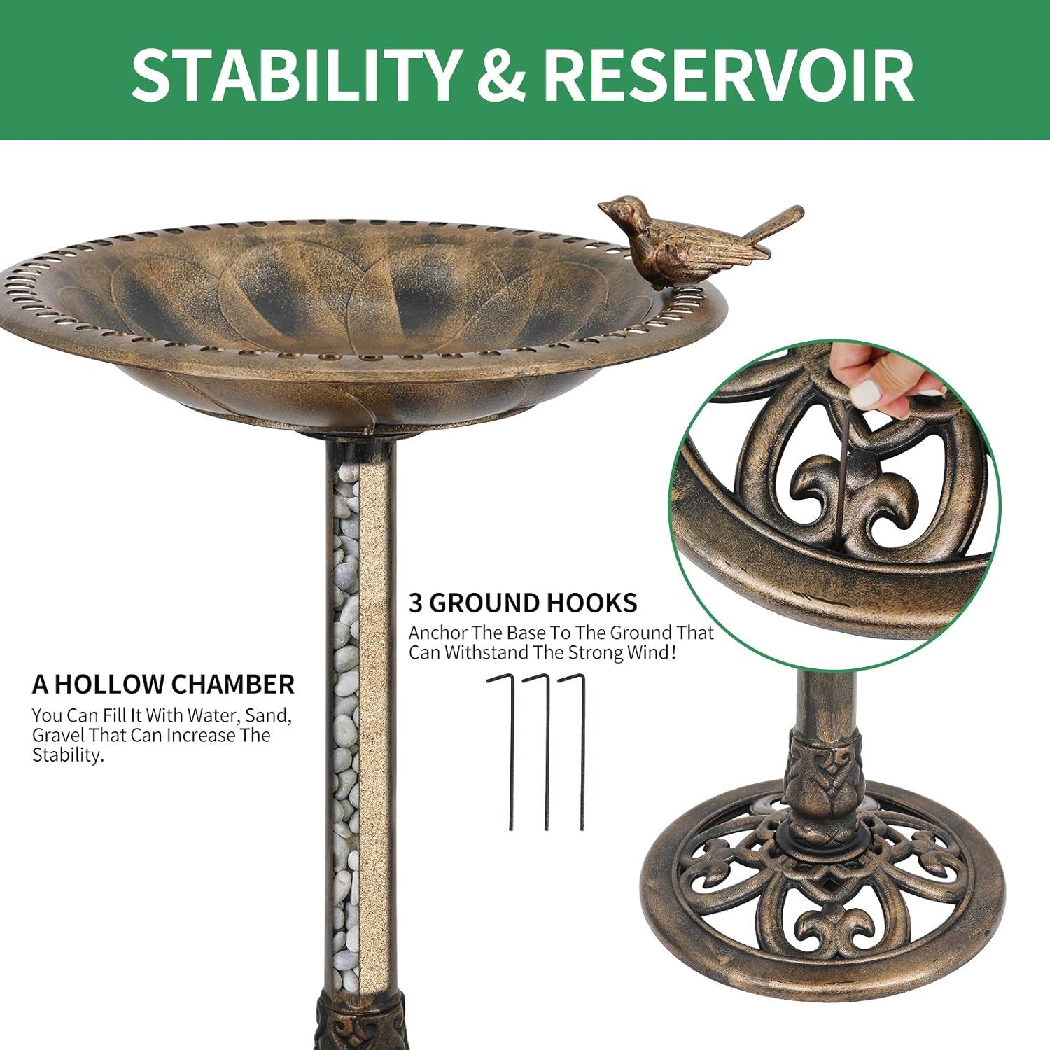 28 Inch Bird Bath for Outdoor with Bird Decoration Lightweight Garden Antique Birdbath Vintage Yard Statue Backyard Bird Bath