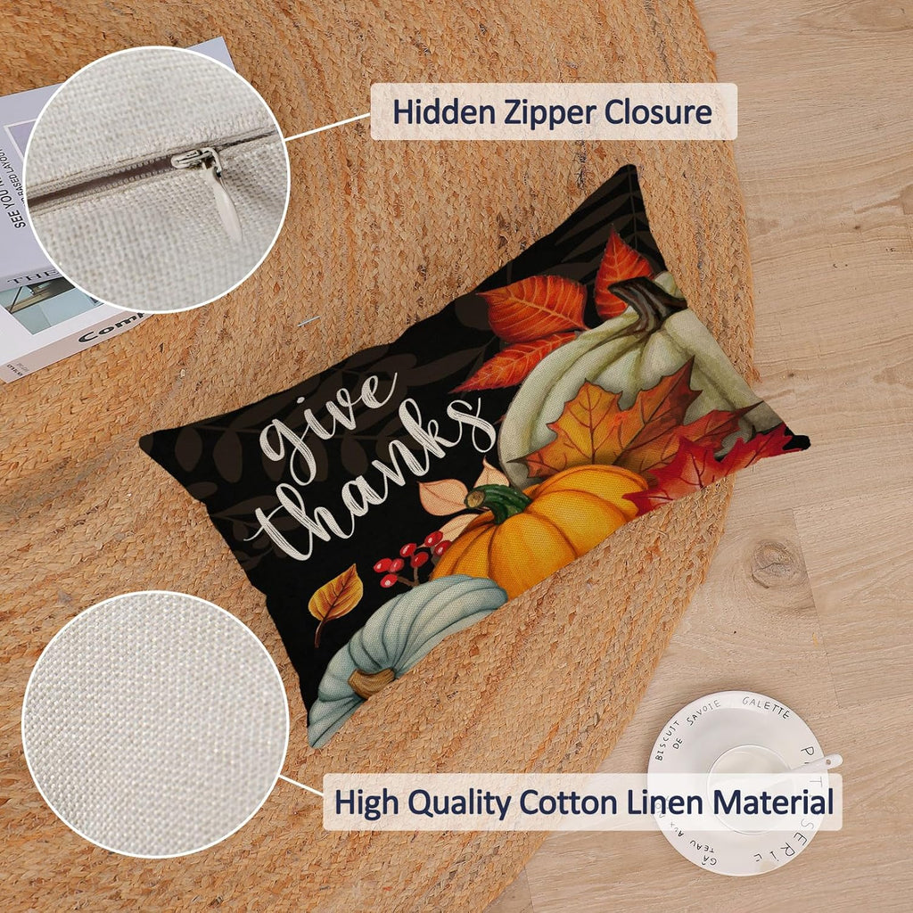 Set of 4 Fall Pillow Covers 12X20 Inch Thanksgiving Pumpkins Throw Pillows Autumn Harvest Sunflower Decorative Cushion Covers Outdoor Sofa Couch Lumbar Pillow Cases Fall Decorations (12 by 20)
