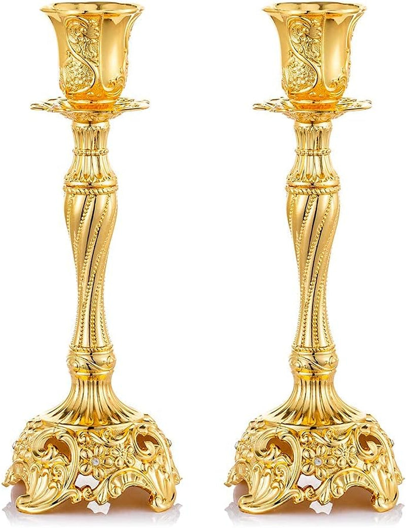 Gold Candlestick Holders Set of 2 Taper Candle Holders Deluxe Ornate Candle Holders for Shabbat Taper Candles, Candle Centerpiece, Wedding Candles, Christmas Candle 7.4Inch