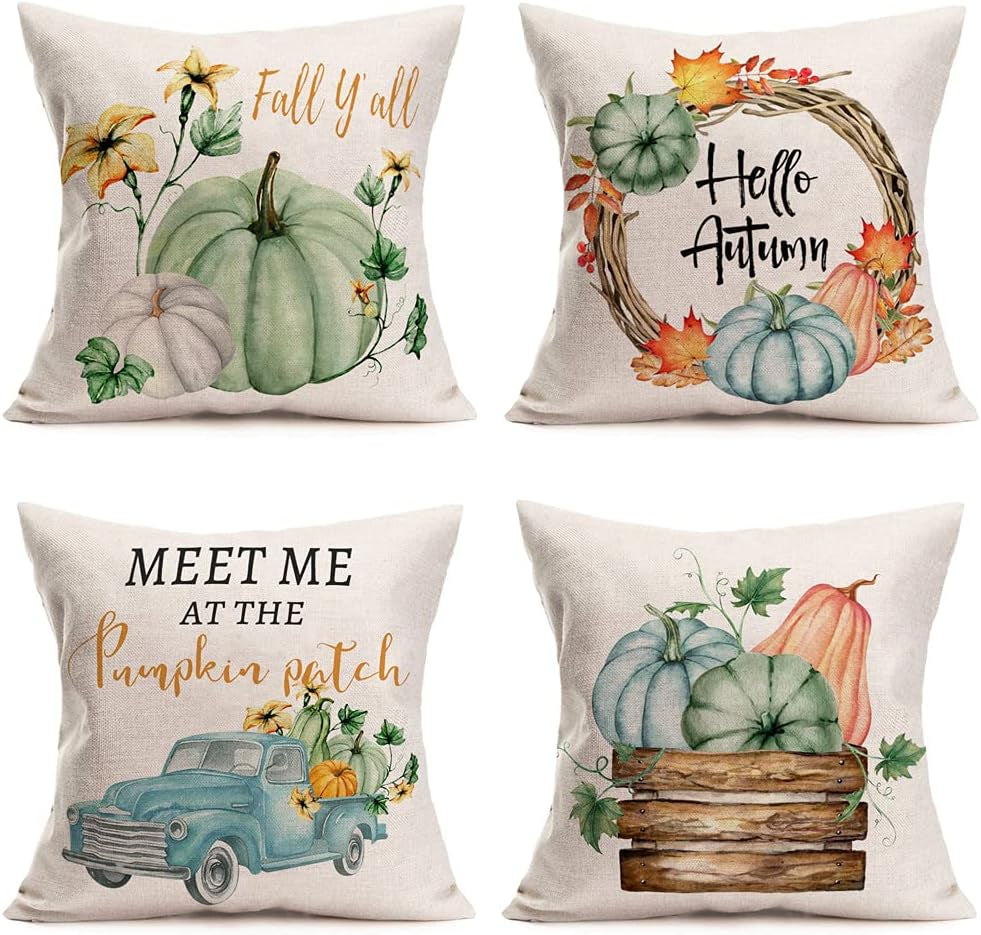 Pumpkin Home Fall Decor Throw Pillow Covers 22X22 Inch Set of 4 Autumn Harvest Maple Leaf Flower with Blue Truck Rustic Farmhouse Decorations Pillow Cases Thanksgiving Cotton Linen
